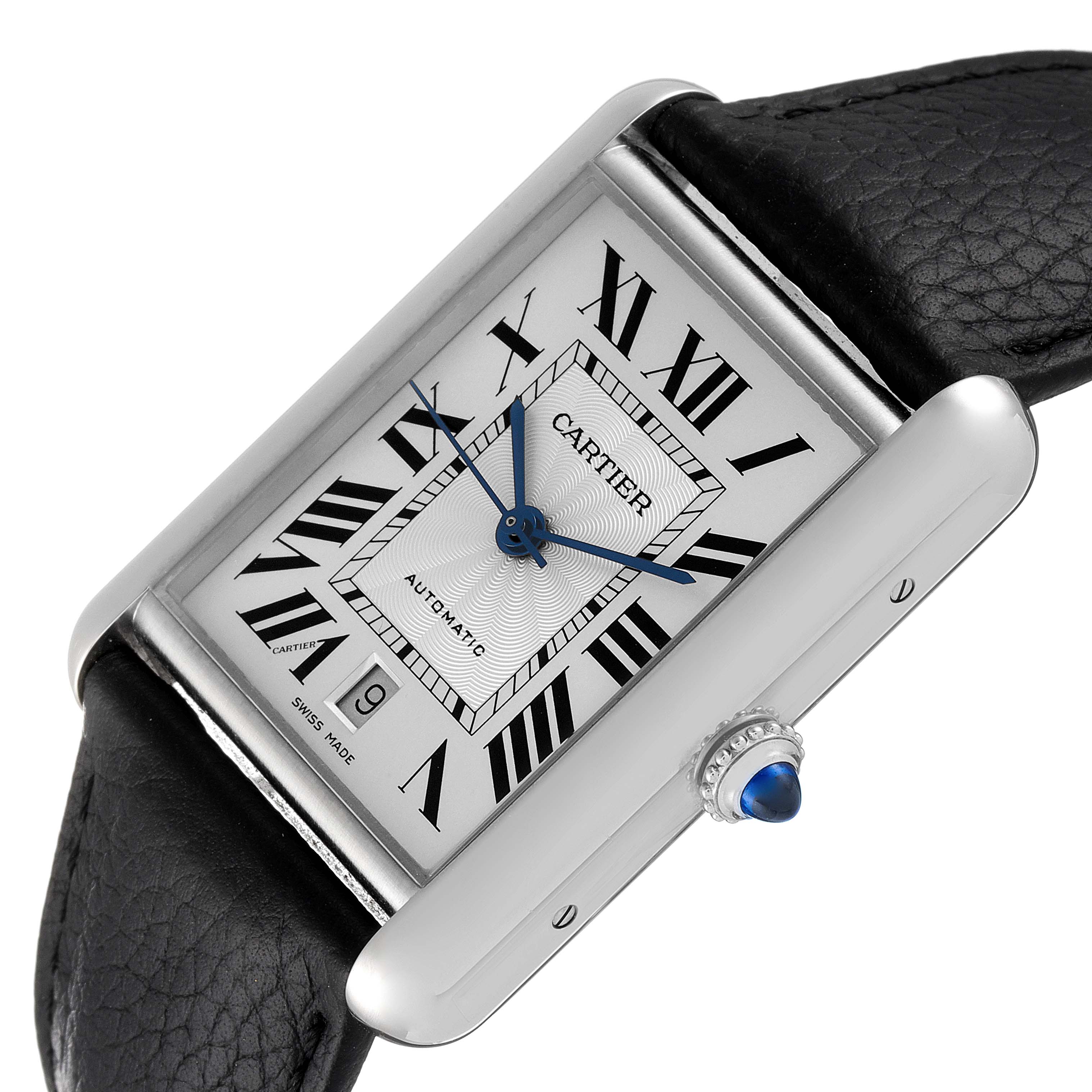 This image shows a close-up angled view of the Cartier Tank Must WSTA0040 Men's Stainless Steel Silver Dial WSTA0040 Men's Stainless Steel Silver Dial watch, highlighting its face, crown, and part of the strap.