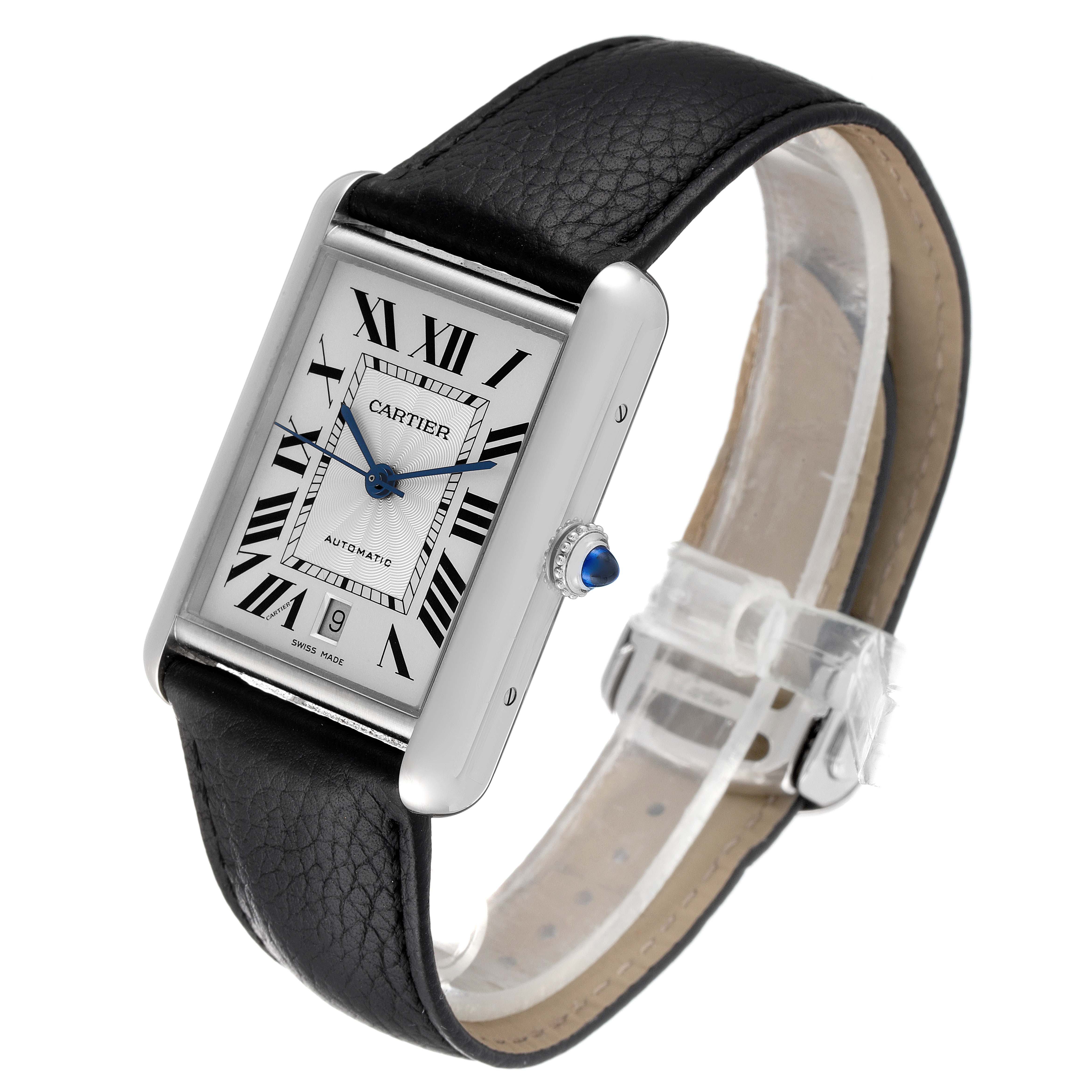 This is a Cartier Tank Must WSTA0040 Men's Stainless Steel Silver Dial WSTA0040 Men's Stainless Steel Silver Dial watch shown from a three-quarter angle featuring its face, strap, and crown.