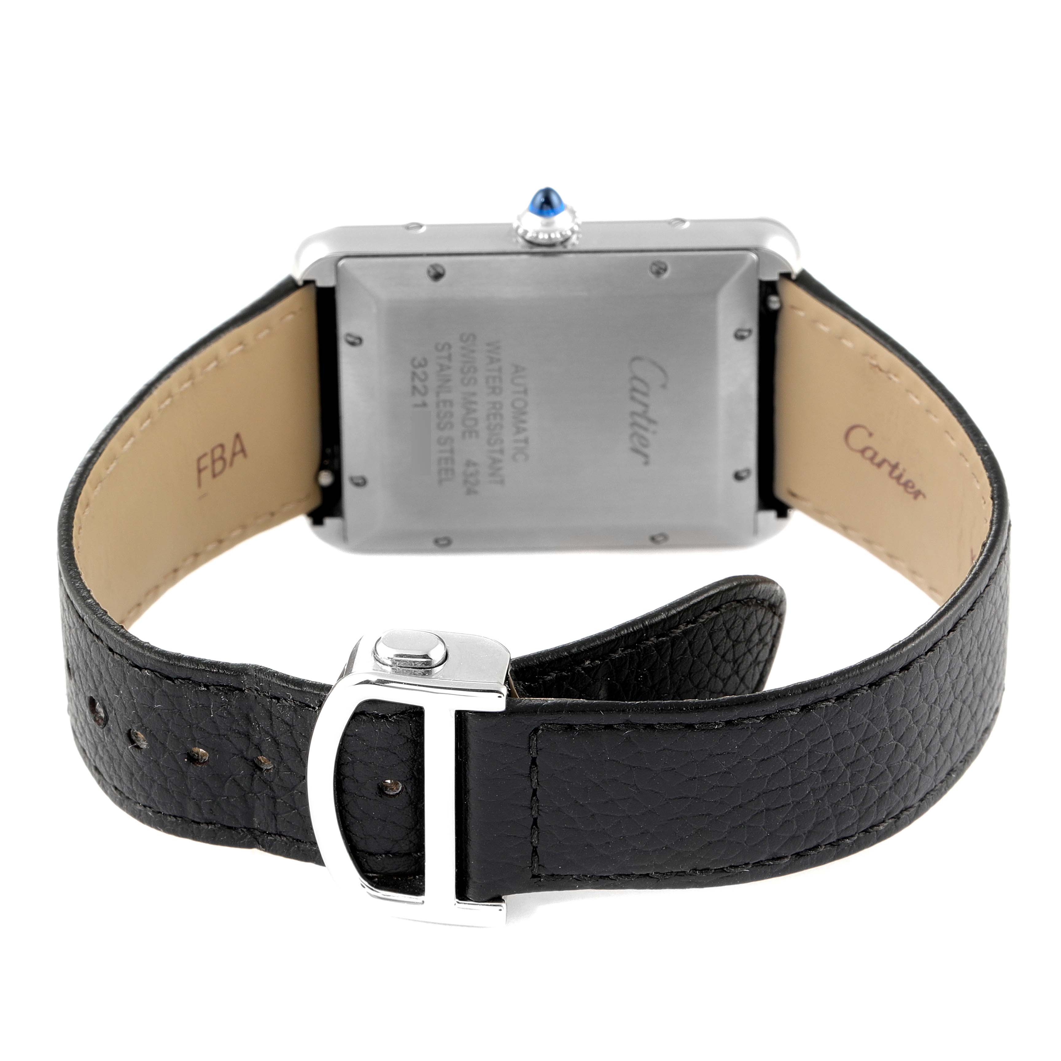 The image shows the back of a Cartier Tank Must WSTA0040 Men's Stainless Steel Silver Dial WSTA0040 Men's Stainless Steel Silver Dial watch, highlighting its case back, leather strap, and buckle.