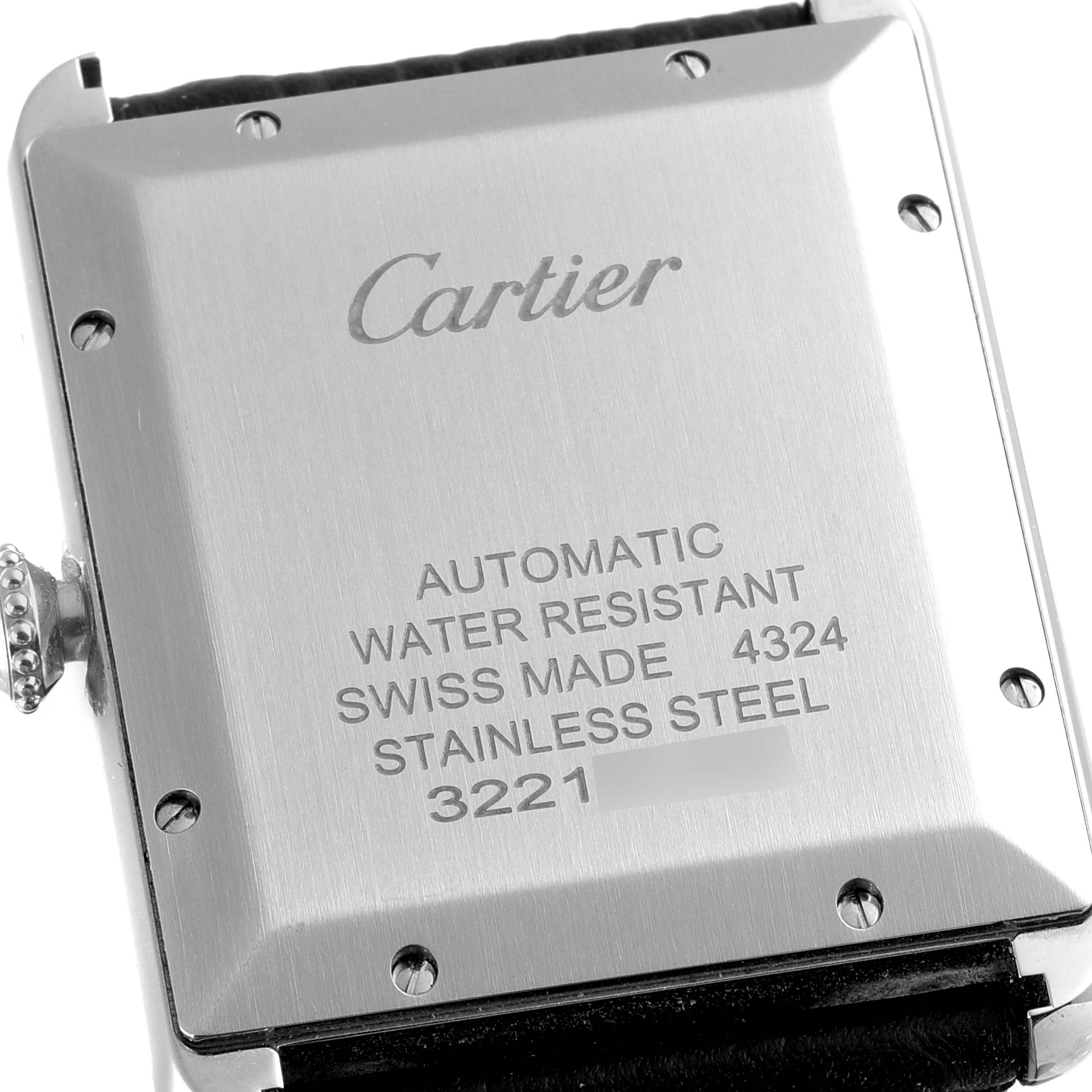 The image shows the case back of a Cartier Tank Must WSTA0040 Men's Stainless Steel Silver Dial WSTA0040 Men's Stainless Steel Silver Dial watch.