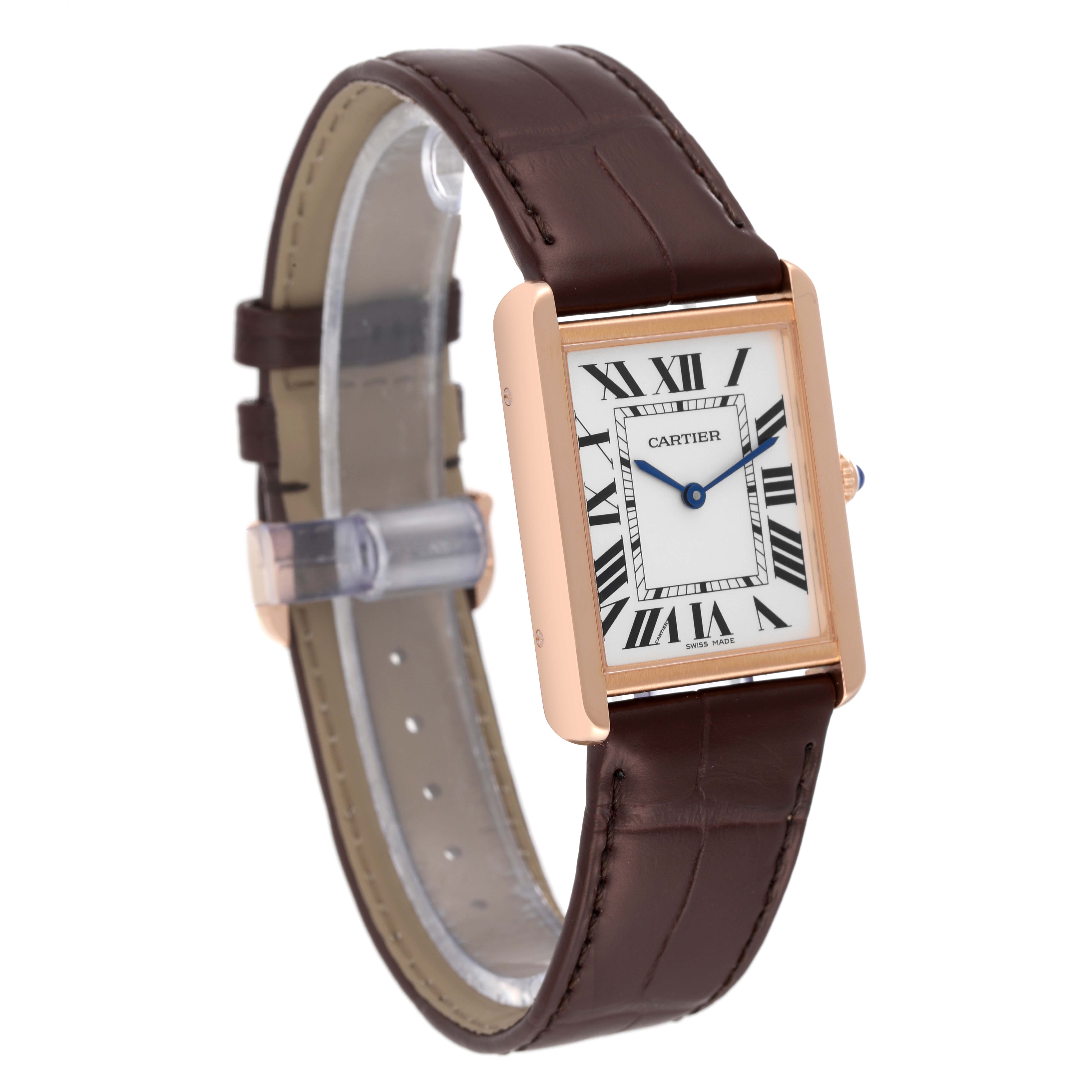 The image shows a Cartier Tank Solo W5200025 Men
s Steel and Gold (two tone) Silver Dial W5200025 Men
s Steel and Gold (two tone) Silver Dial watch from a front angle, highlighting the rectangular case, white dial with Roman numerals, and brown leather strap.