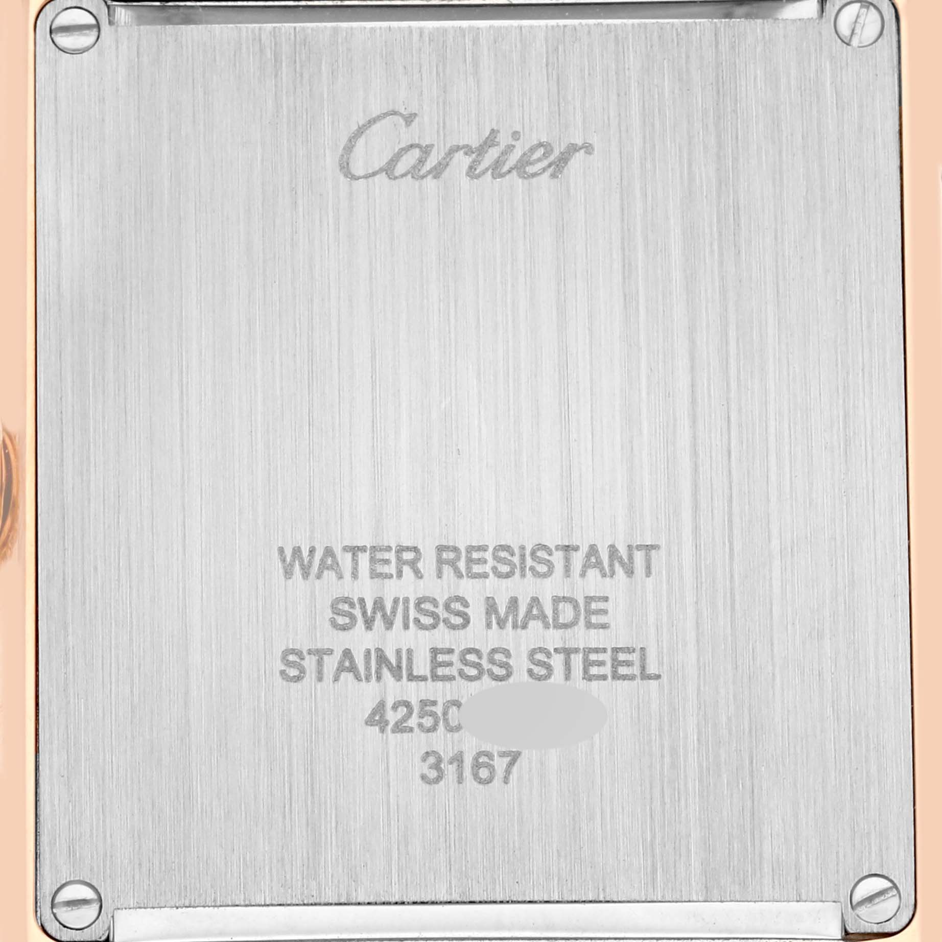 This image shows the back case of a Cartier Tank Solo W5200025 Men
s Steel and Gold (two tone) Silver Dial W5200025 Men
s Steel and Gold (two tone) Silver Dial watch.