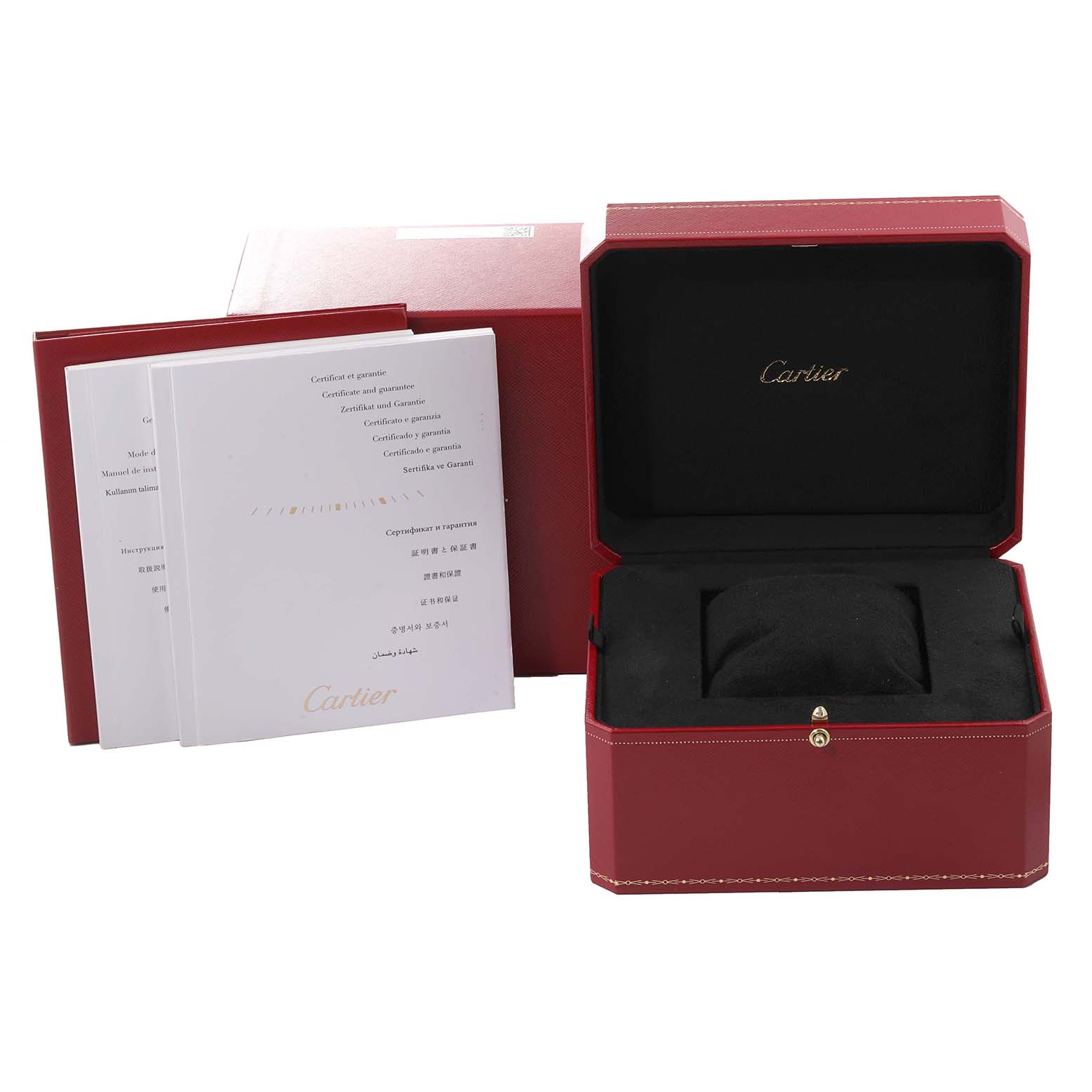 The image shows the packaging and accessories of a Cartier Tank Solo W5200025 Men
s Steel and Gold (two tone) Silver Dial W5200025 Men
s Steel and Gold (two tone) Silver Dial watch, including the box and documentation.