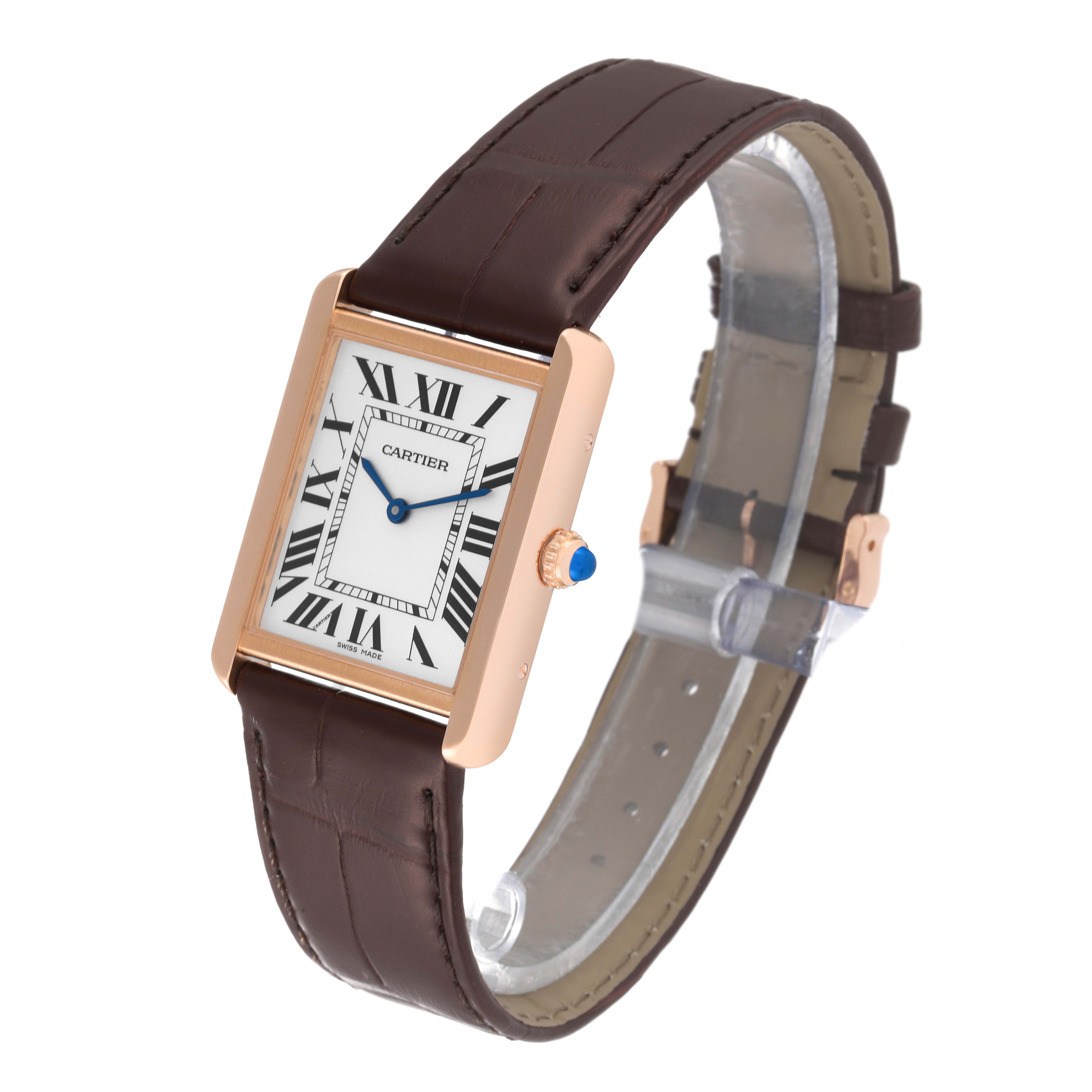 The image shows a Cartier Tank Solo W5200025 Men
s Steel and Gold (two tone) Silver Dial W5200025 Men
s Steel and Gold (two tone) Silver Dial watch angled to display the face, Roman numeral dial, crown, and leather strap.