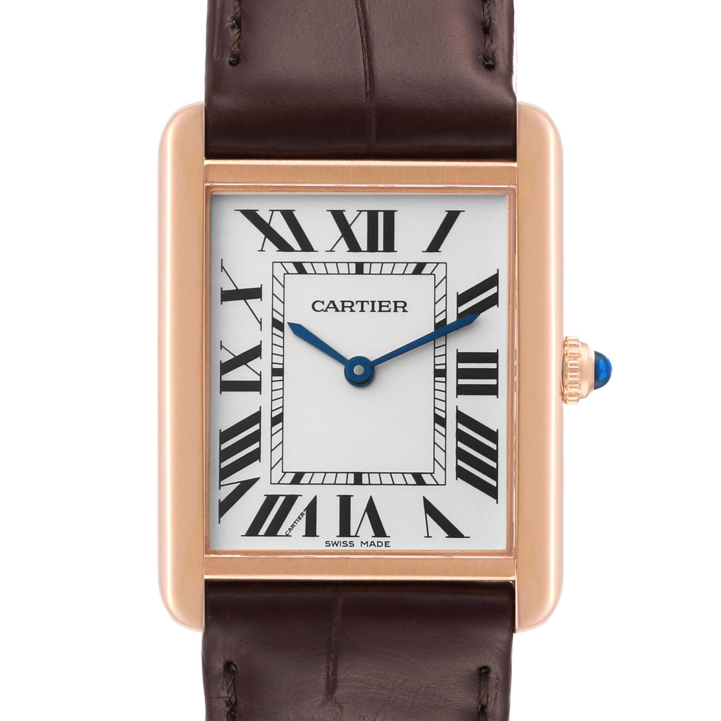 The image shows a front view of the Cartier Tank Solo W5200025 Men
s Steel and Gold (two tone) Silver Dial W5200025 Men
s Steel and Gold (two tone) Silver Dial watch, highlighting its dial, rose gold case, and leather strap.