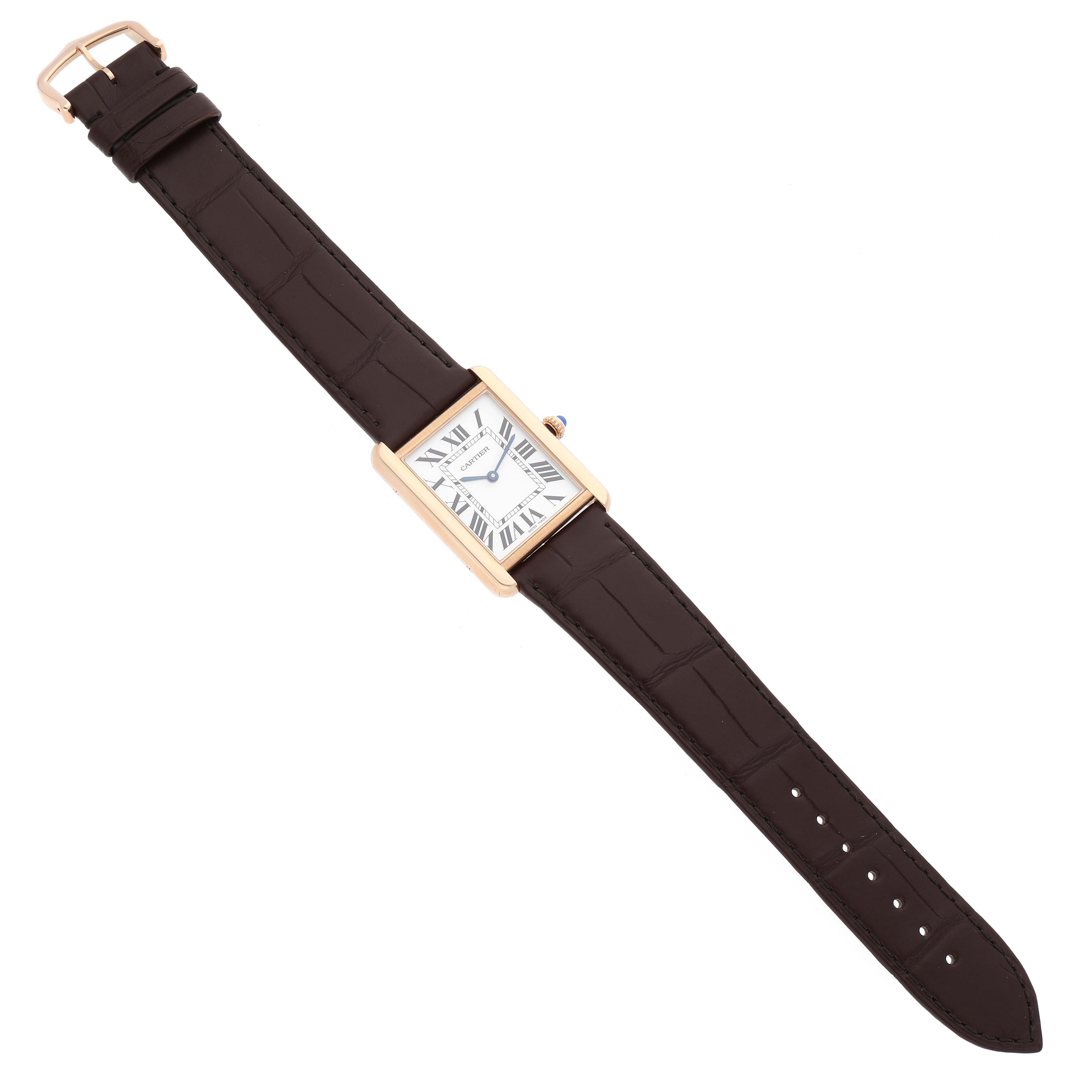 The Cartier Tank Solo W5200025 Men
s Steel and Gold (two tone) Silver Dial W5200025 Men
s Steel and Gold (two tone) Silver Dial watch is shown in a top-down angle, displaying its entire face and leather strap.