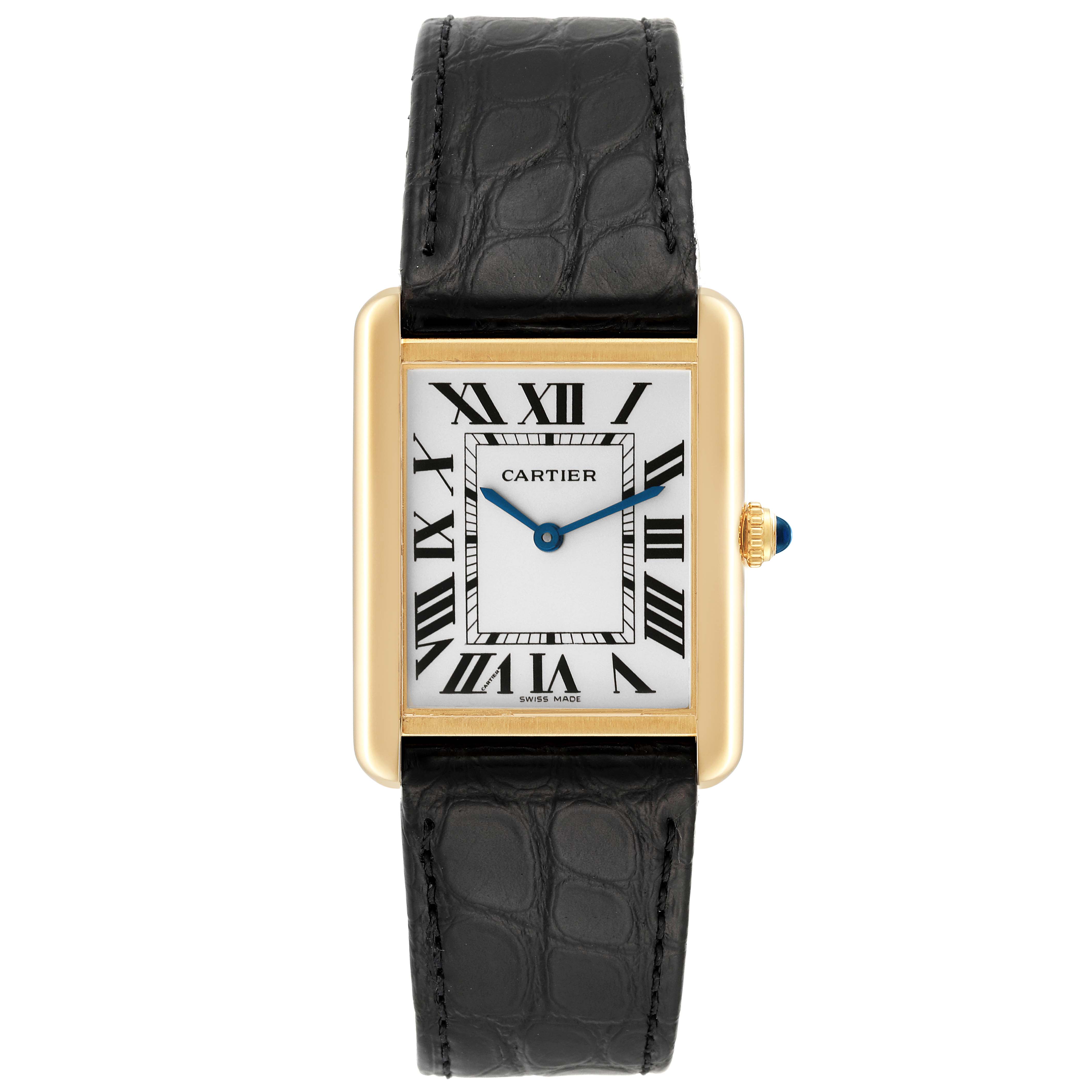 The image shows a front view of the Cartier Tank Solo W5200004 Men
s Steel and Gold (two tone) Silver Dial W5200004 Men
s Steel and Gold (two tone) Silver Dial watch, displaying its black leather strap, rectangular gold case, and Roman numeral dial.