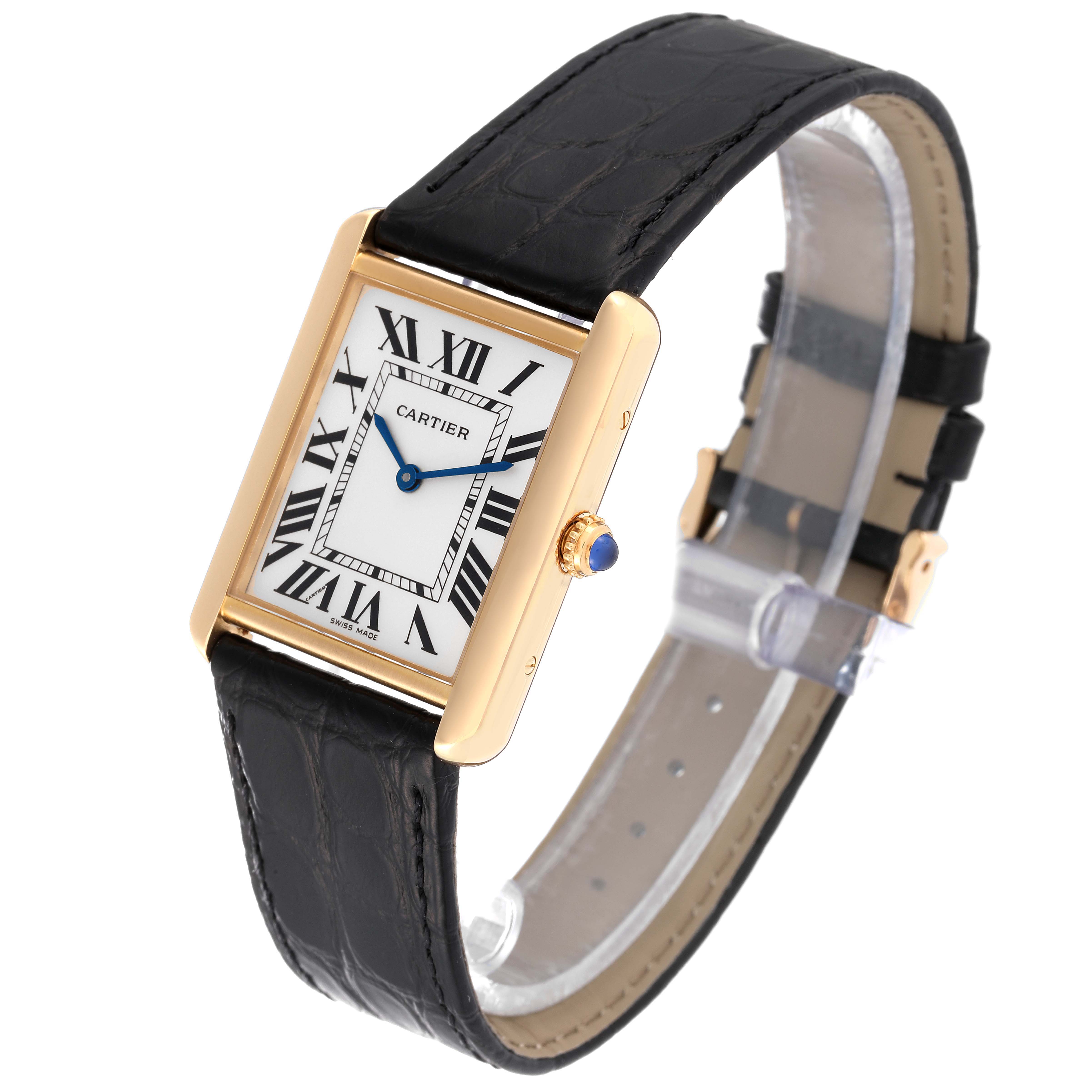 The image features a Cartier Tank Solo W5200004 Men
s Steel and Gold (two tone) Silver Dial W5200004 Men
s Steel and Gold (two tone) Silver Dial watch taken at a three-quarter angle, highlighting its face, crown, and leather strap.