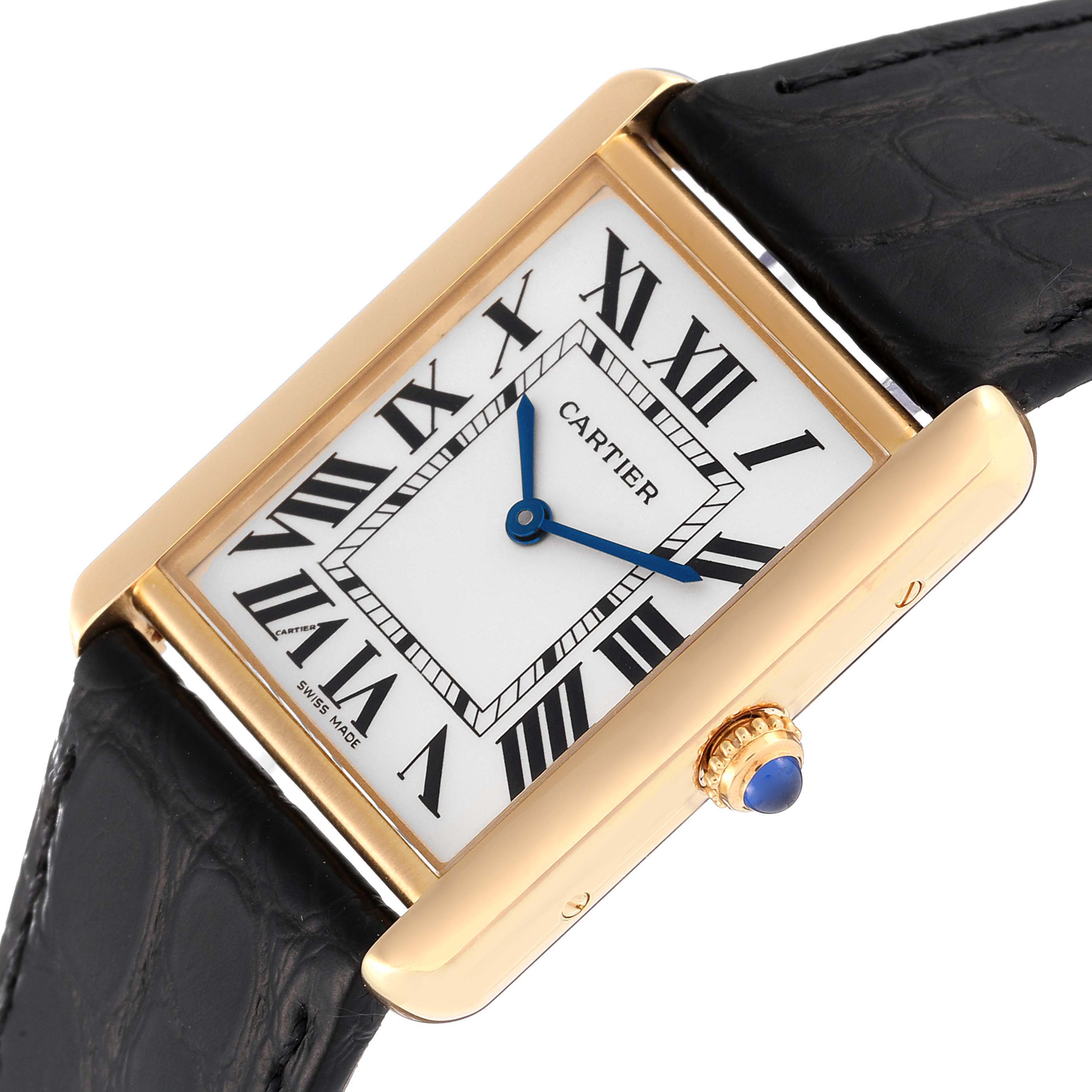 The image shows a Cartier Tank Solo W5200004 Men
s Steel and Gold (two tone) Silver Dial W5200004 Men
s Steel and Gold (two tone) Silver Dial watch at an angle, highlighting the face, Roman numerals, blue hands, crown, and black leather strap.