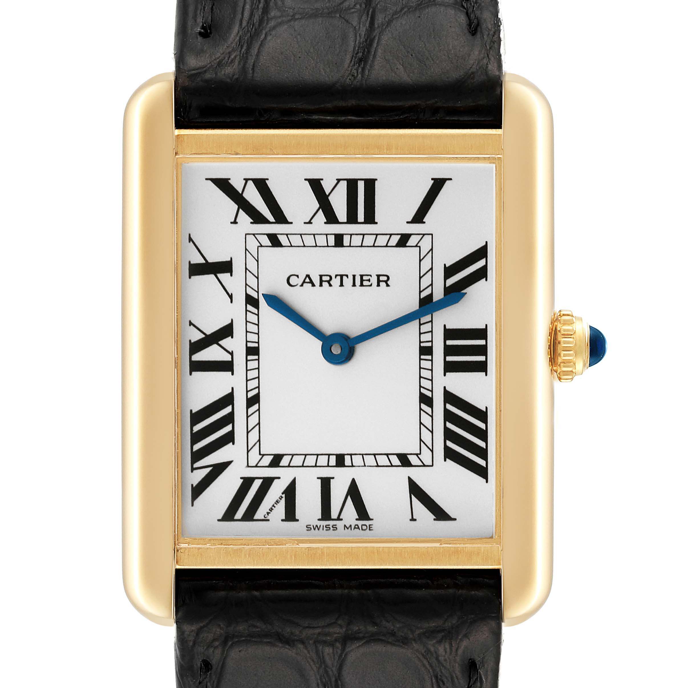 This image shows a front view of the Cartier Tank Solo W5200004 Men
s Steel and Gold (two tone) Silver Dial W5200004 Men
s Steel and Gold (two tone) Silver Dial watch, highlighting its rectangular face, black leather strap, and Roman numeral dial.