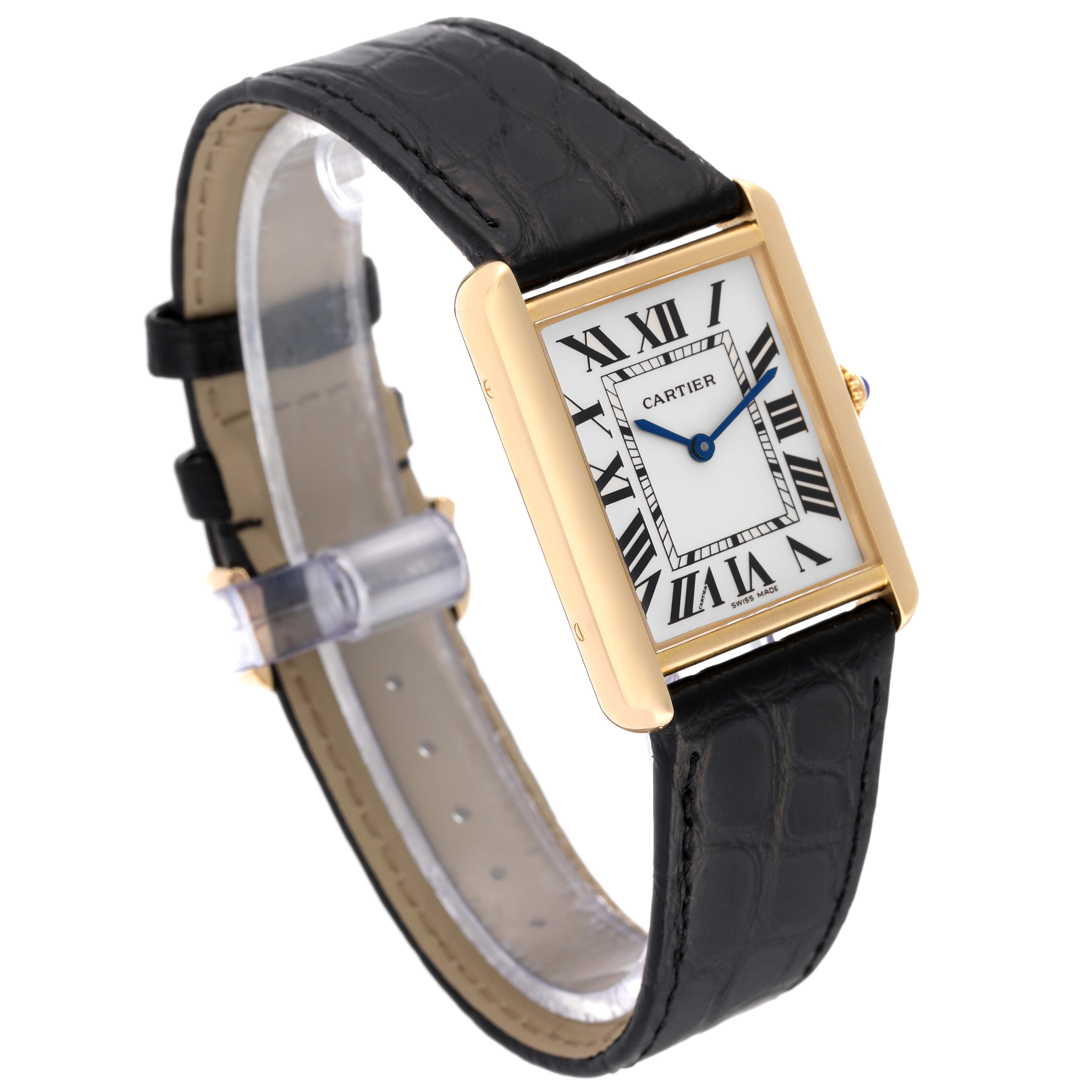The Cartier Tank Solo W5200004 Men
s Steel and Gold (two tone) Silver Dial W5200004 Men
s Steel and Gold (two tone) Silver Dial watch is shown at a slight angle, featuring the face, strap, and side view of the case.