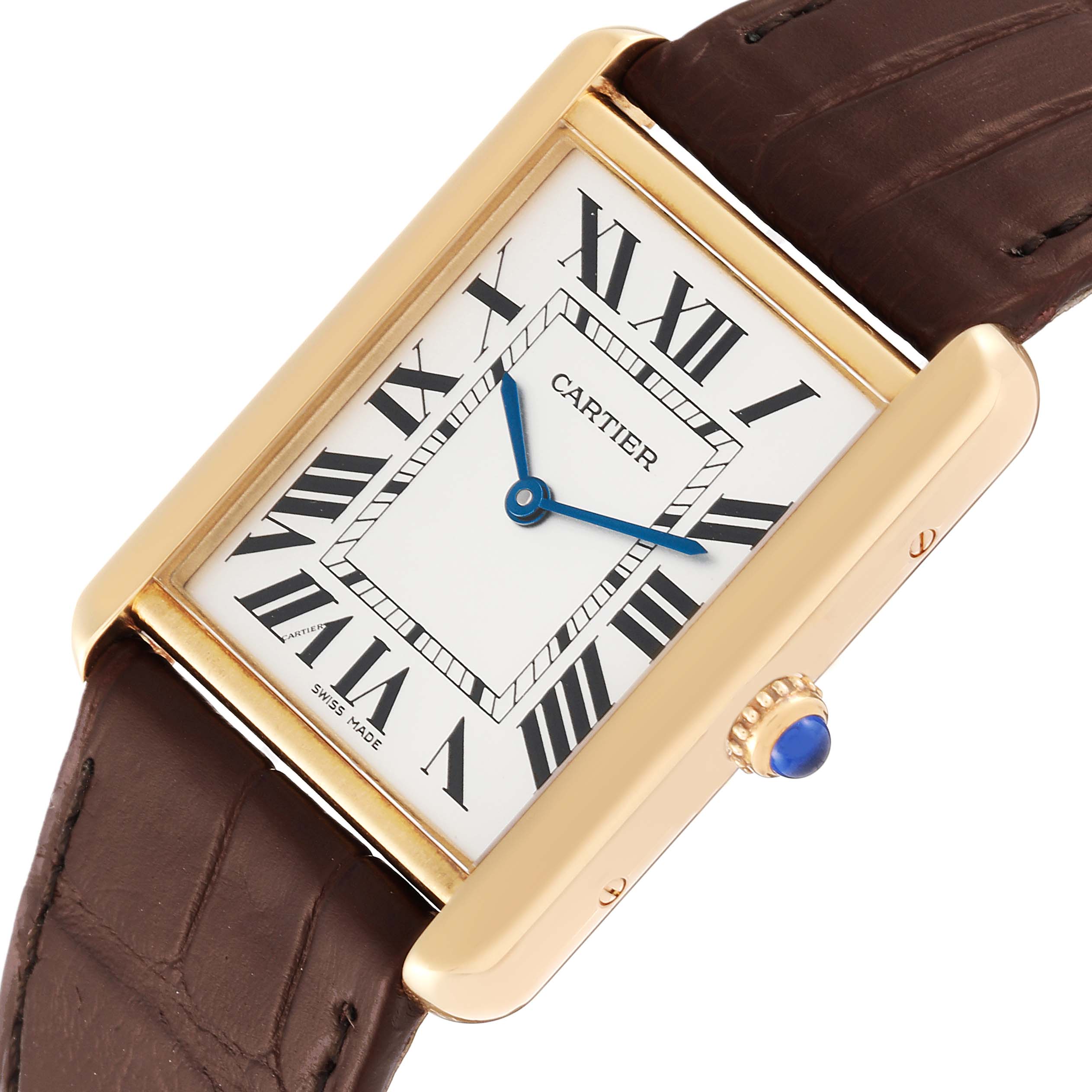 The Cartier Tank Solo W1018855 Men
s Steel and Gold (two tone) Silver Dial W1018855 Men
s Steel and Gold (two tone) Silver Dial watch is shown at an angle highlighting the face, crown, and part of the strap.