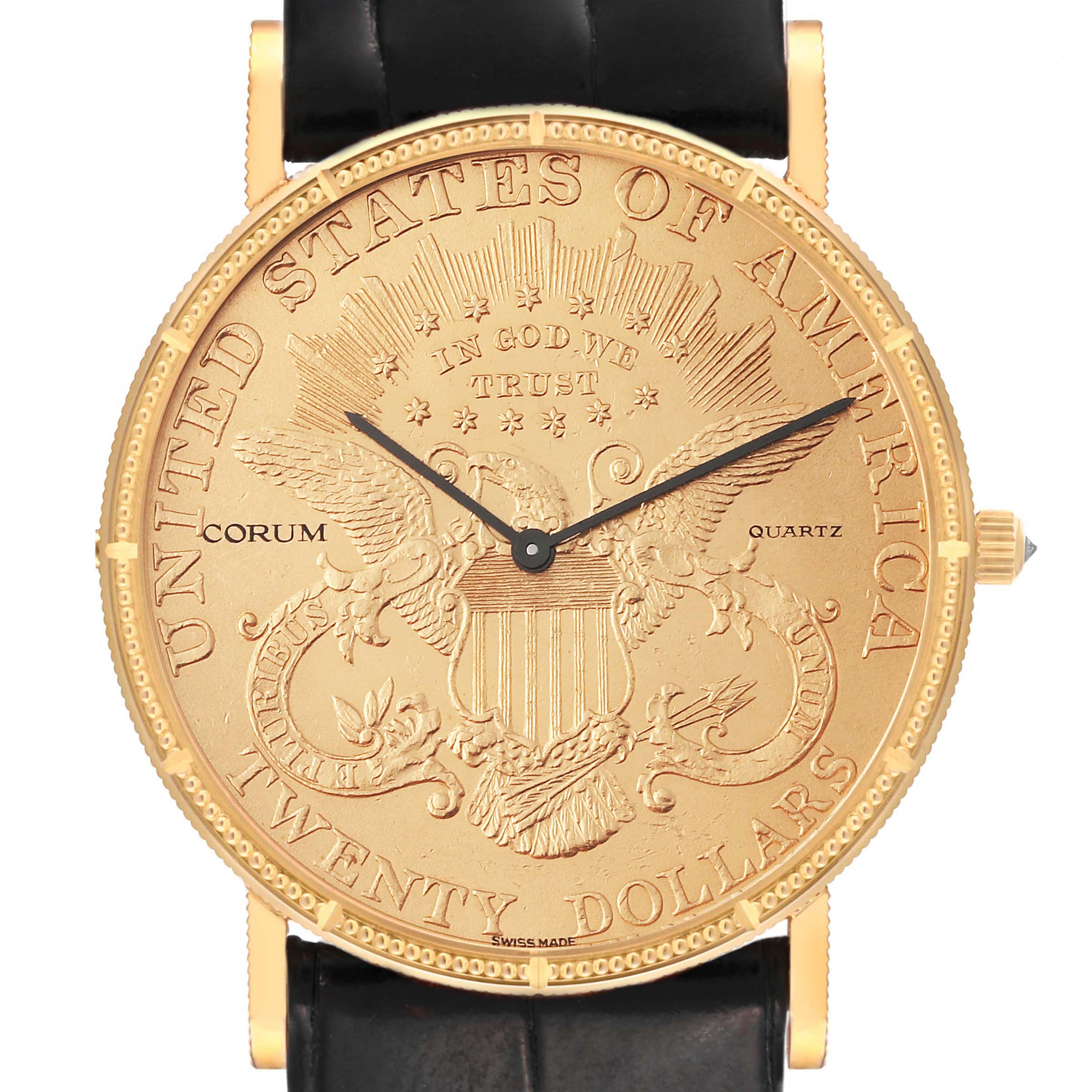 The image shows a frontal view of the Corum Coin Watch 1907 Men's Yellow Gold Champagne Dial 1907 Men's Yellow Gold Champagne Dial model, displaying its gold coin dial, hands, and part of its black leather strap.