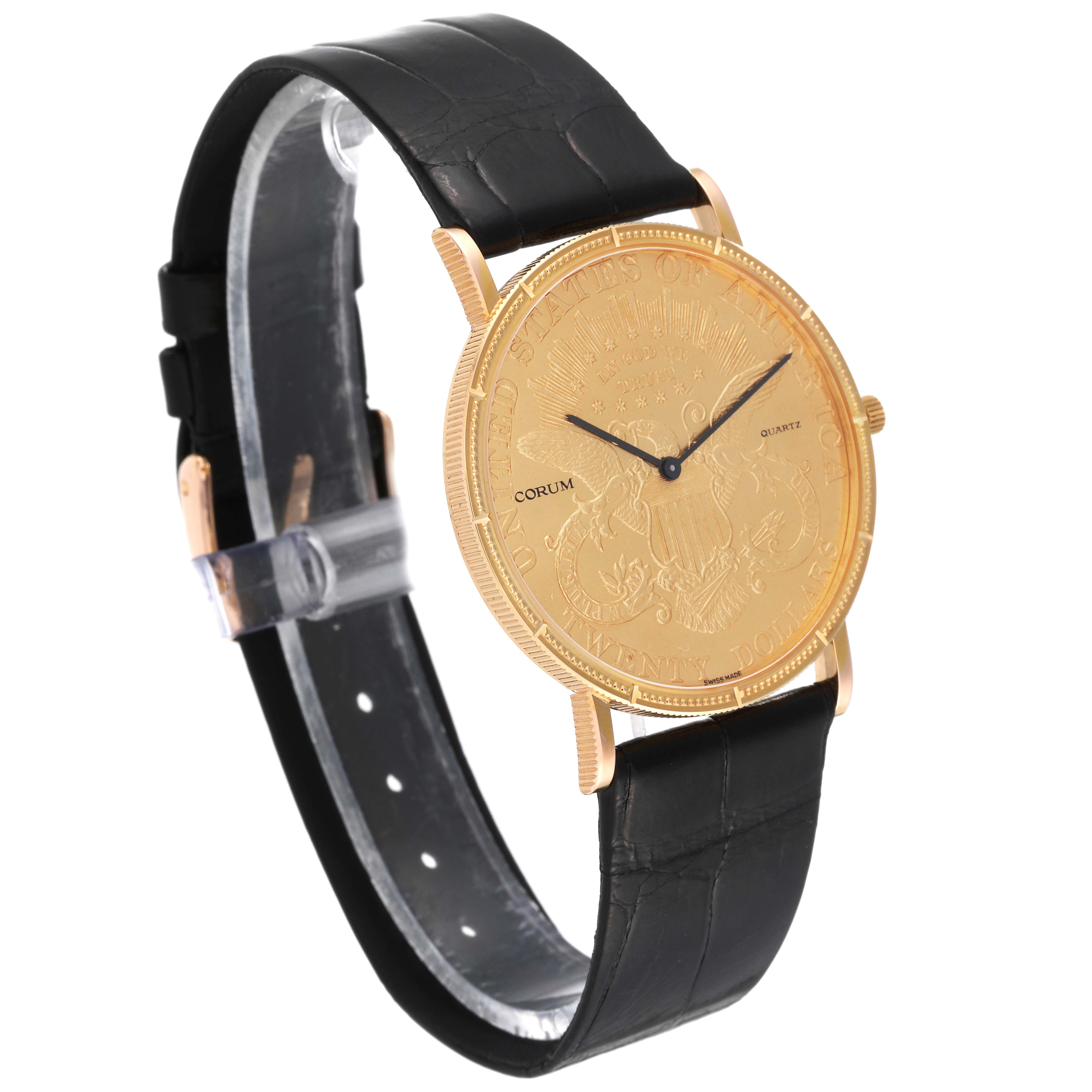 The image shows a Corum Coin Watch 1907 Men's Yellow Gold Champagne Dial 1907 Men's Yellow Gold Champagne Dial model at an angle highlighting its gold dial, black leather strap, and side profile.