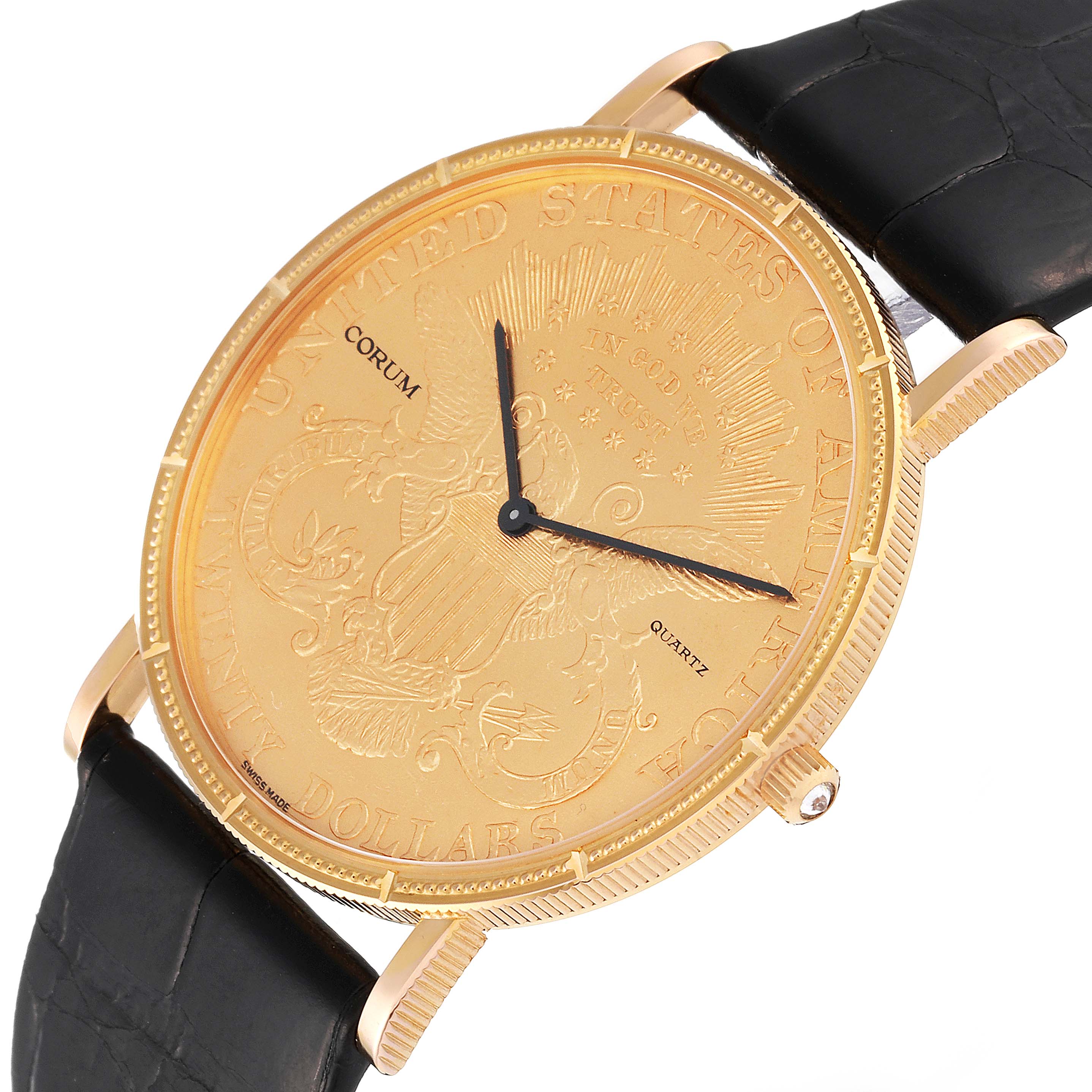 The Corum Coin Watch 1907 Men's Yellow Gold Champagne Dial 1907 Men's Yellow Gold Champagne Dial model is shown from a slightly tilted angle, highlighting its golden dial, black strap, and side crown.