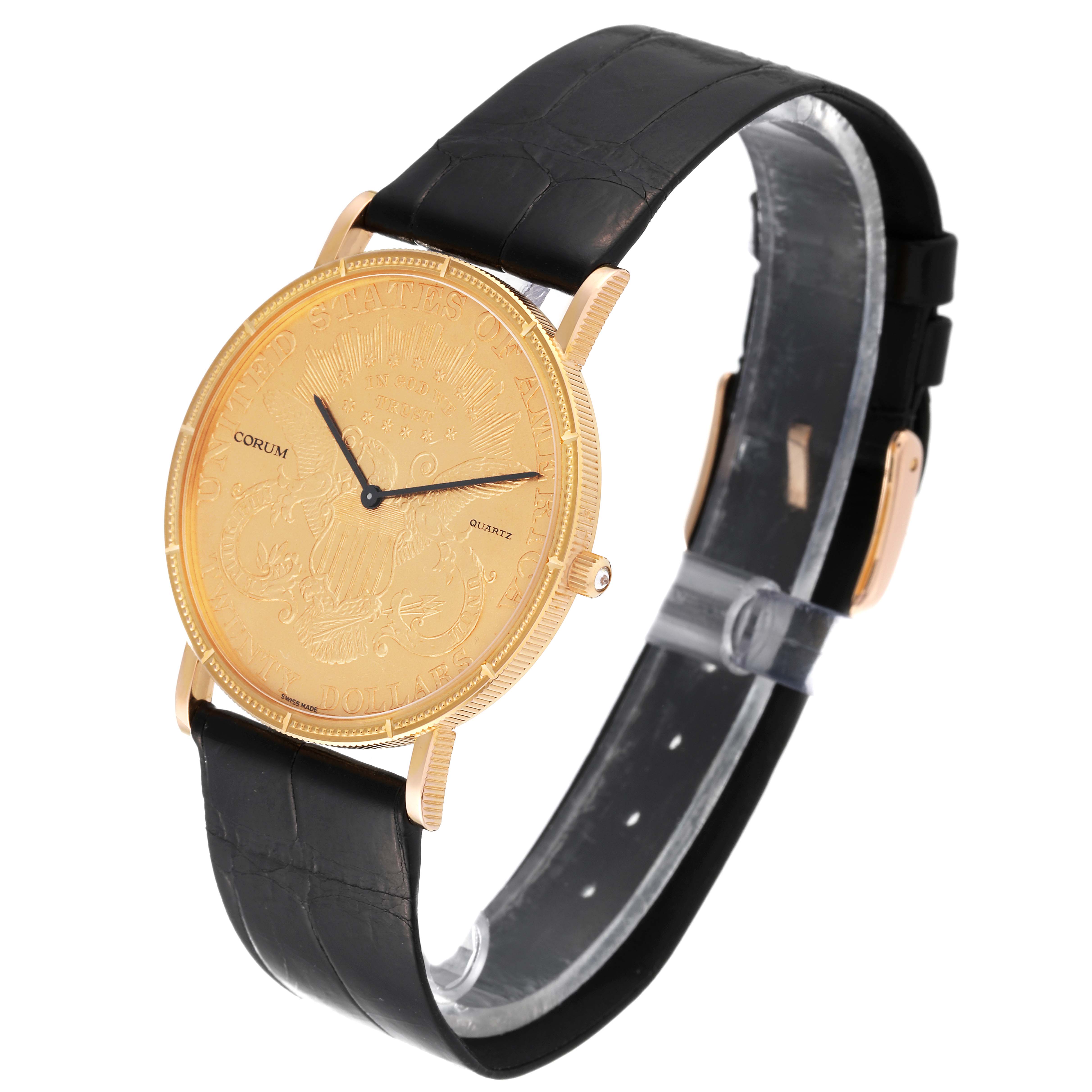 The Corum Coin Watch 1907 Men's Yellow Gold Champagne Dial 1907 Men's Yellow Gold Champagne Dial model is shown at an angled side view, displaying the gold face, black leather strap, and side crown.