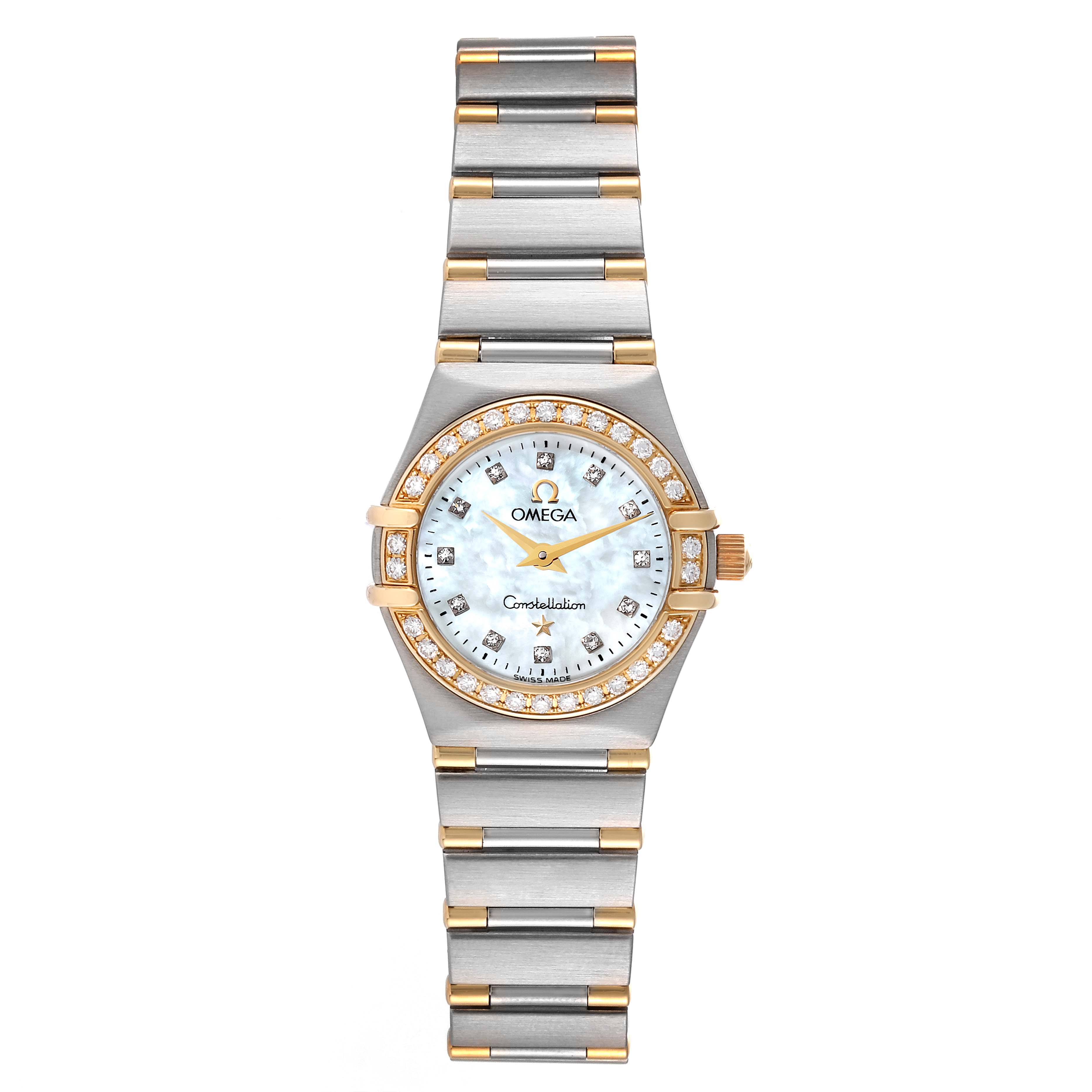 This image shows a front view of the Omega 1367.75.00 Women
s Steel and Gold (two tone) Mother of Pearl Dial 1367.75.00 Women
s Steel and Gold (two tone) Mother of Pearl Dial Constellation Steel Yellow Gold Diamond Ladies 1367.75.00 Box Card model watch.