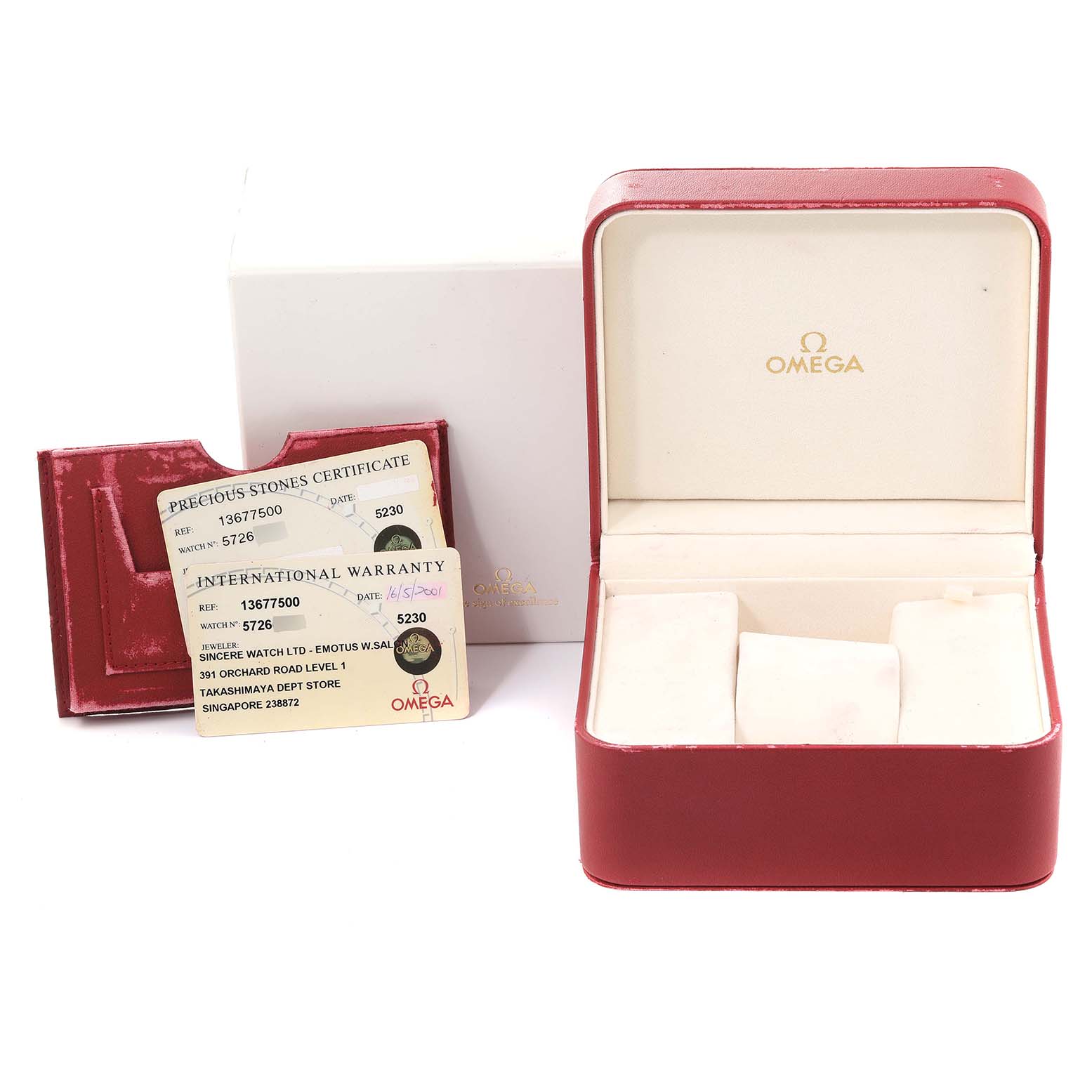 The image shows the box, international warranty card, and precious stones certificate for the Omega 1367.75.00 Women
s Steel and Gold (two tone) Mother of Pearl Dial 1367.75.00 Women
s Steel and Gold (two tone) Mother of Pearl Dial Constellation Steel Yellow Gold Diamond Ladies 1367.75.00.