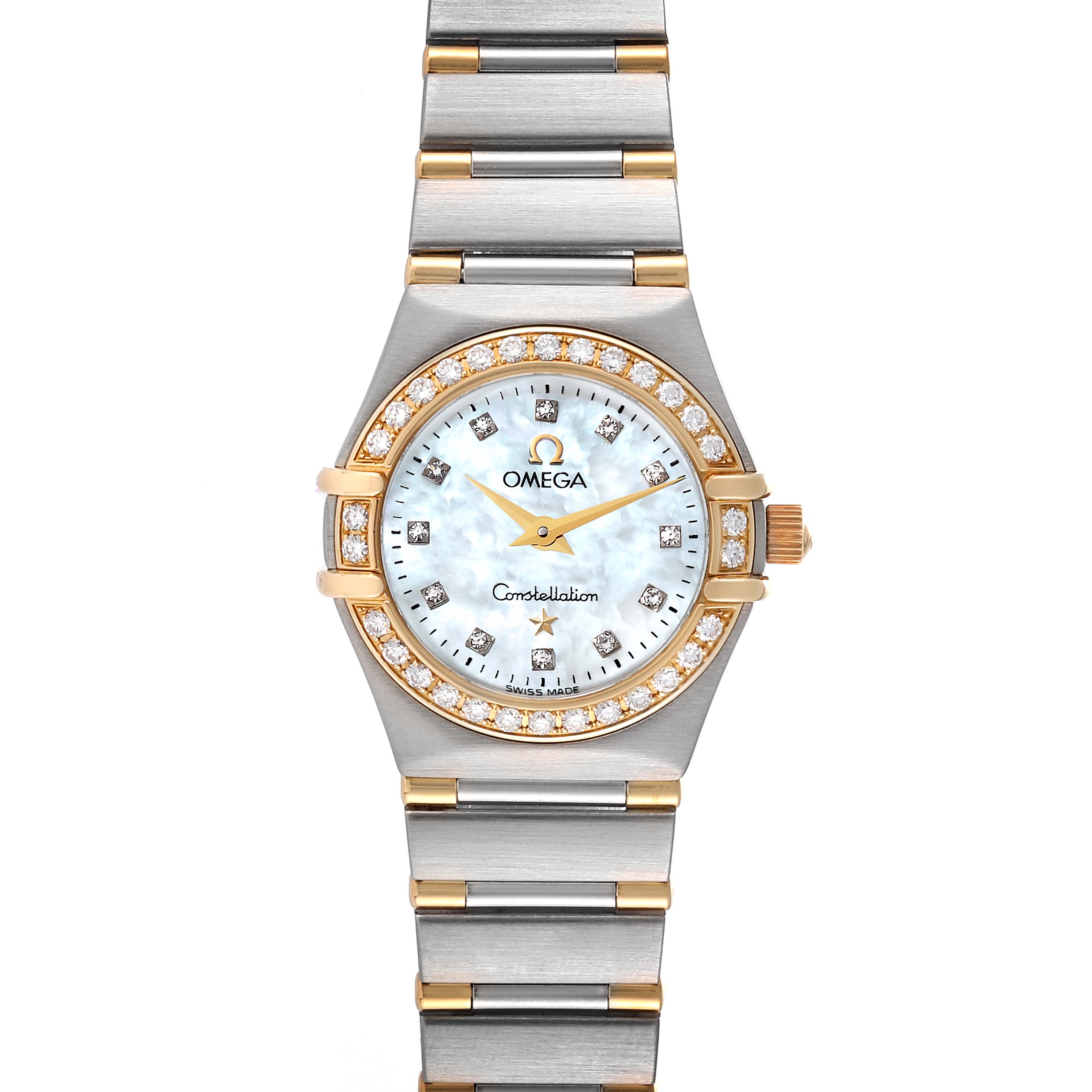 The image shows a frontal view of the Omega 1367.75.00 Women
s Steel and Gold (two tone) Mother of Pearl Dial 1367.75.00 Women
s Steel and Gold (two tone) Mother of Pearl Dial Constellation Steel Yellow Gold Diamond Ladies 1367.75.00 watch, highlighting its dial, bezel, and bracelet.