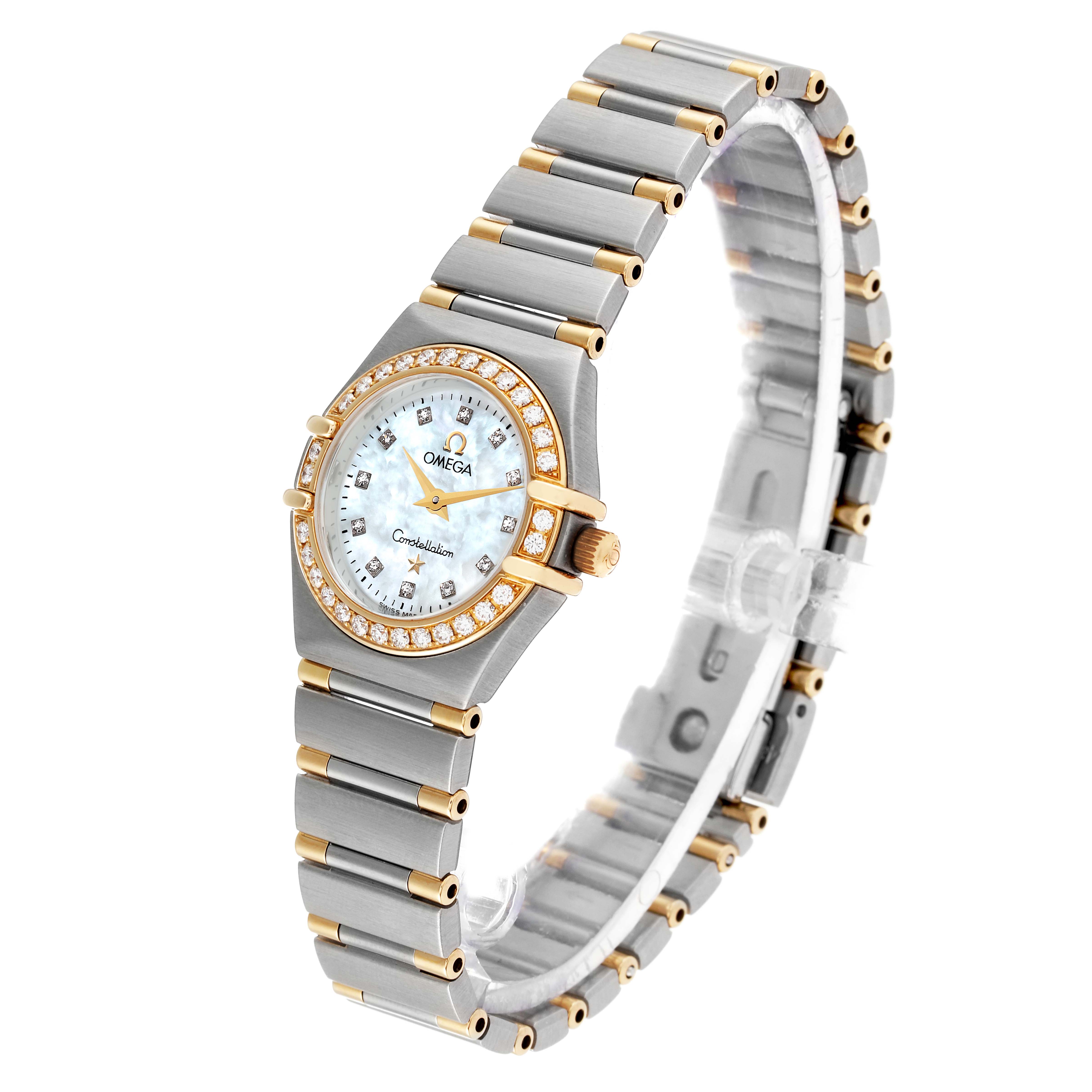 The Omega 1367.75.00 Women
s Steel and Gold (two tone) Mother of Pearl Dial 1367.75.00 Women
s Steel and Gold (two tone) Mother of Pearl Dial Constellation Steel Yellow Gold Diamond Ladies 1367.75.00 watch is shown at a slight angle, displaying its face, band, and bezel.