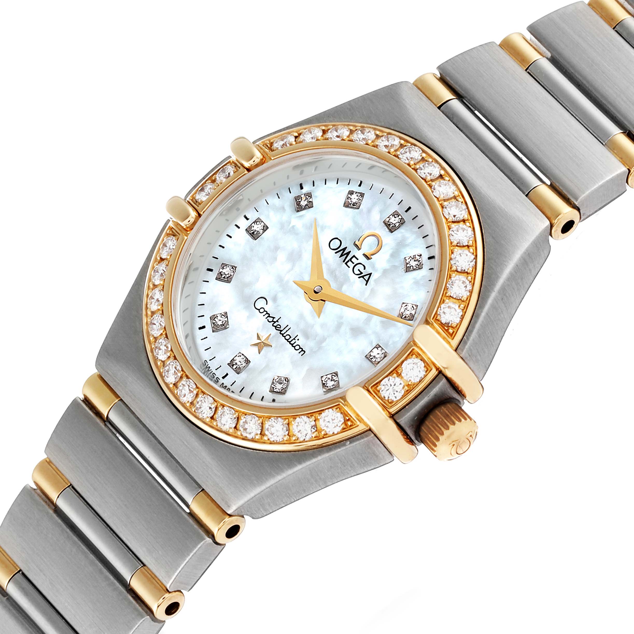 This image shows an angled view of the Omega 1367.75.00 Women
s Steel and Gold (two tone) Mother of Pearl Dial 1367.75.00 Women
s Steel and Gold (two tone) Mother of Pearl Dial Constellation Steel Yellow Gold Diamond Ladies 1367.75.00 watch, focusing on the dial and bracelet.