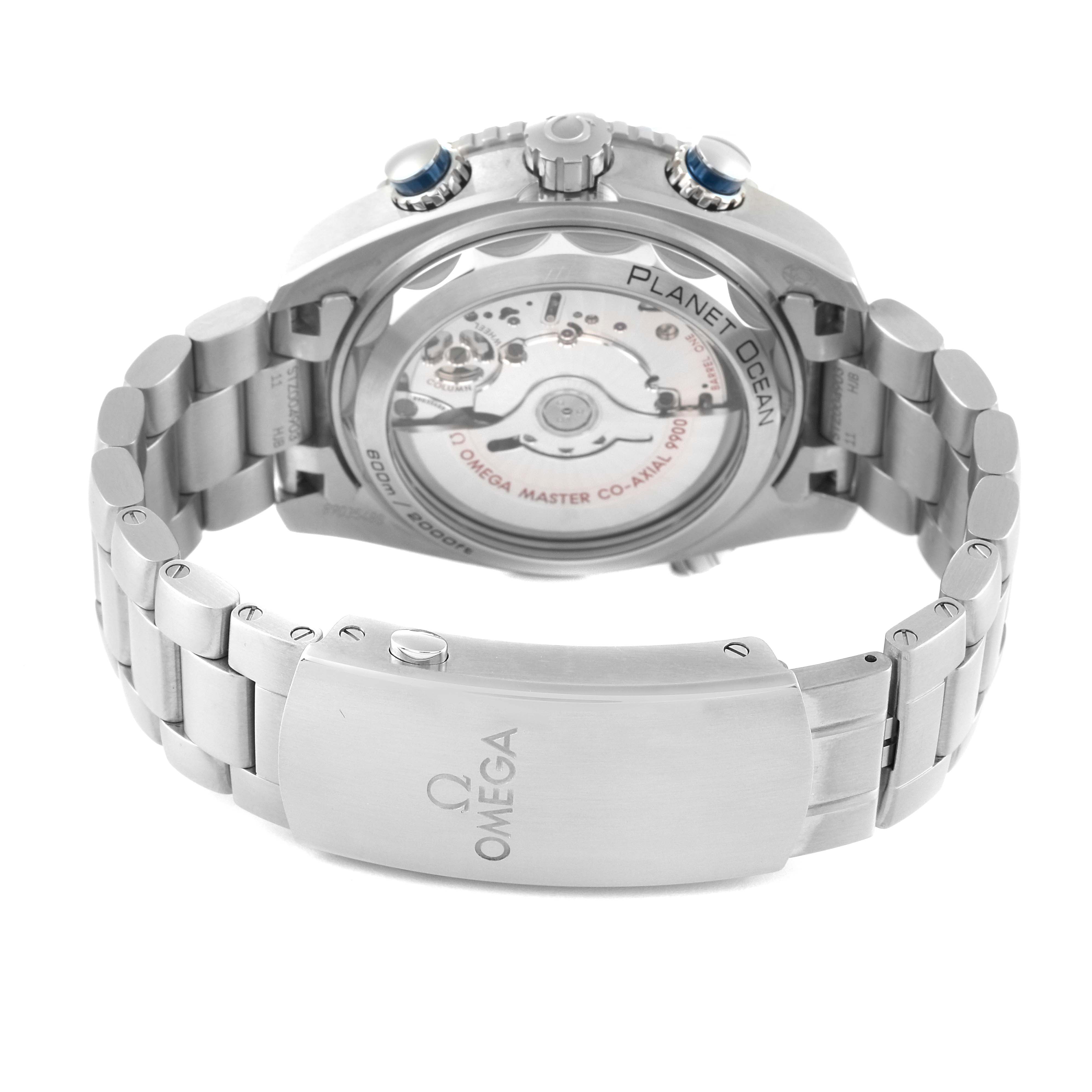 This image shows the back of the Omega Planet Ocean 215.30.46.51.03.001 Men
s Stainless Steel Blue Dial 215.30.46.51.03.001 Men
s Stainless Steel Blue Dial watch, displaying its open case back and stainless steel bracelet with clasp.