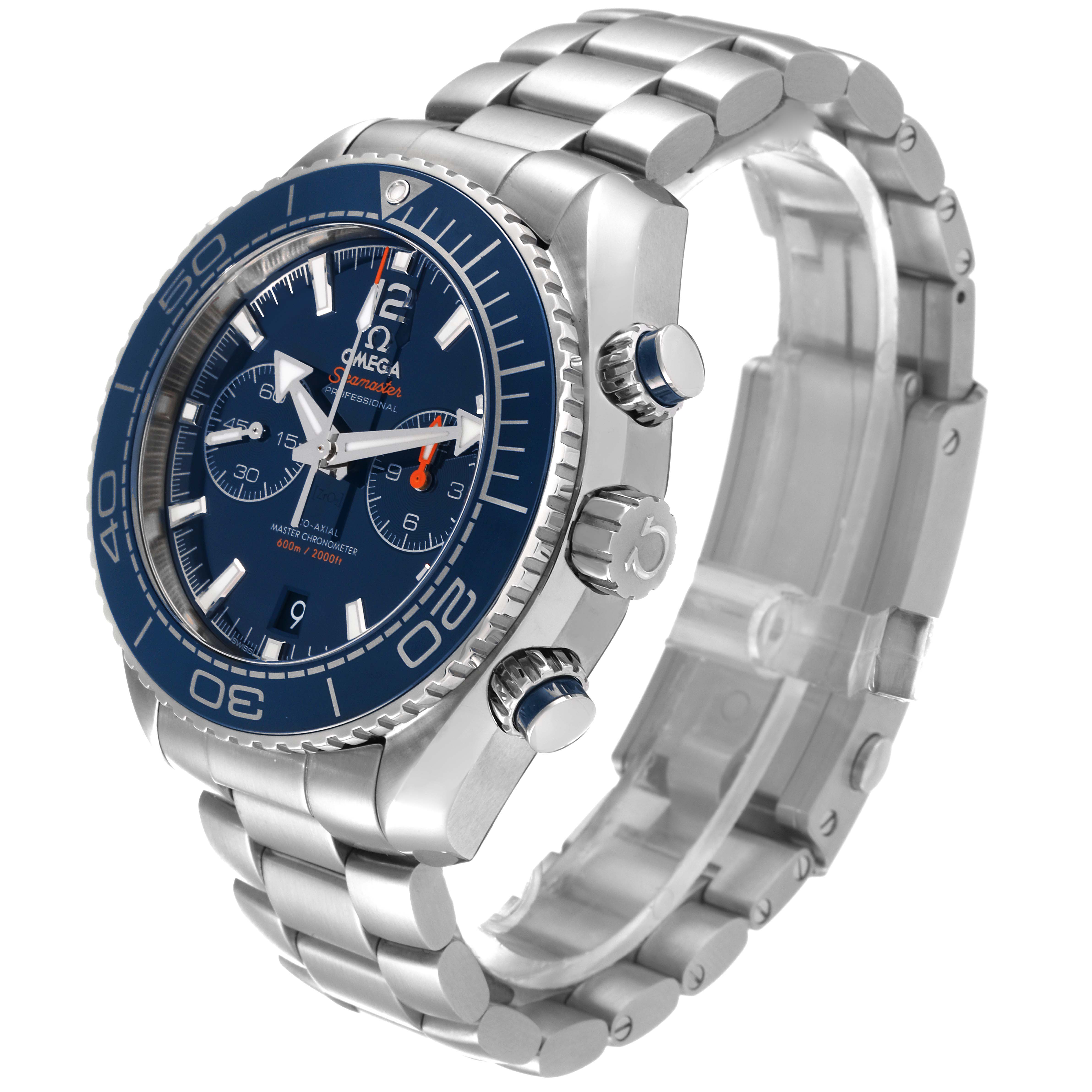 The image displays a side angle of an Omega Planet Ocean 215.30.46.51.03.001 Men
s Stainless Steel Blue Dial 215.30.46.51.03.001 Men
s Stainless Steel Blue Dial watch, showcasing its bezel, dial, and stainless steel bracelet.