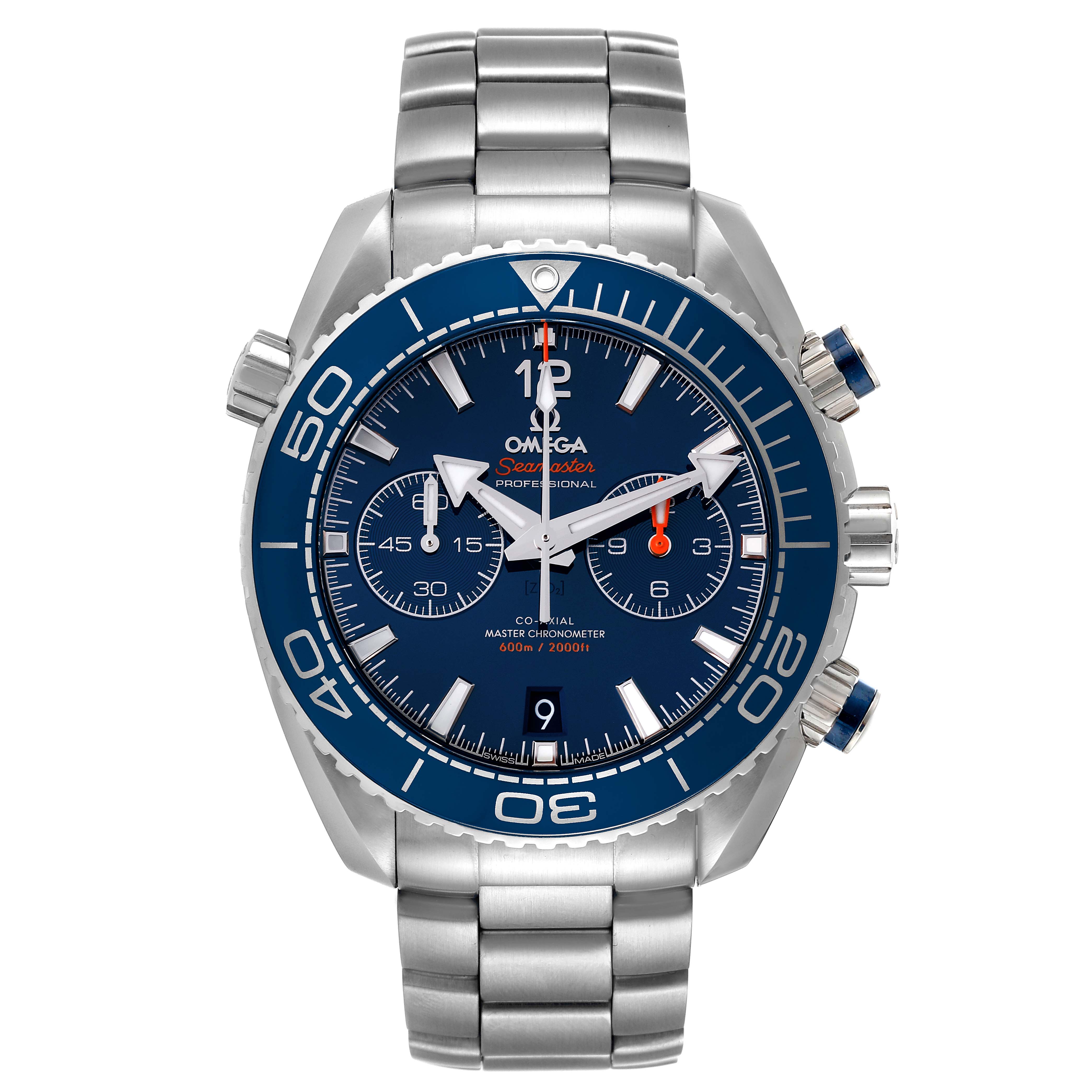 The image shows a frontal view of the Omega Seamaster Planet Ocean watch, highlighting its dial, bezel, and metal bracelet.