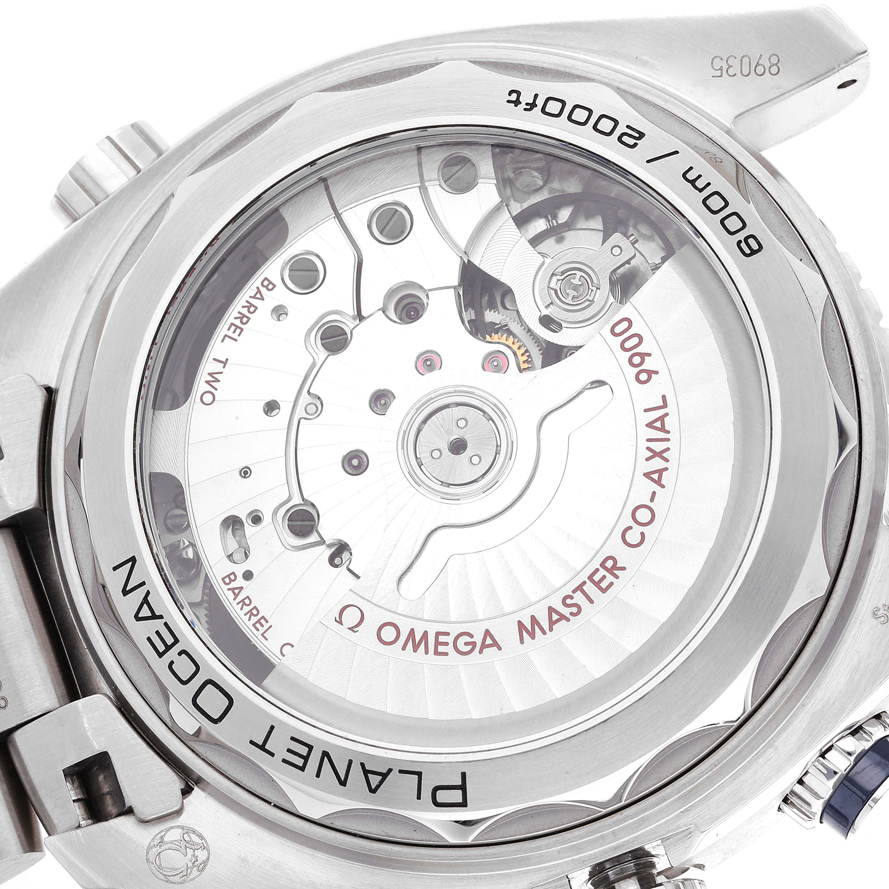 The image shows the back of the Omega Planet Ocean 215.30.46.51.03.001 Men
s Stainless Steel Blue Dial 215.30.46.51.03.001 Men
s Stainless Steel Blue Dial watch, highlighting the visible mechanics and "Omega Master Co-Axial 9900" engravings.