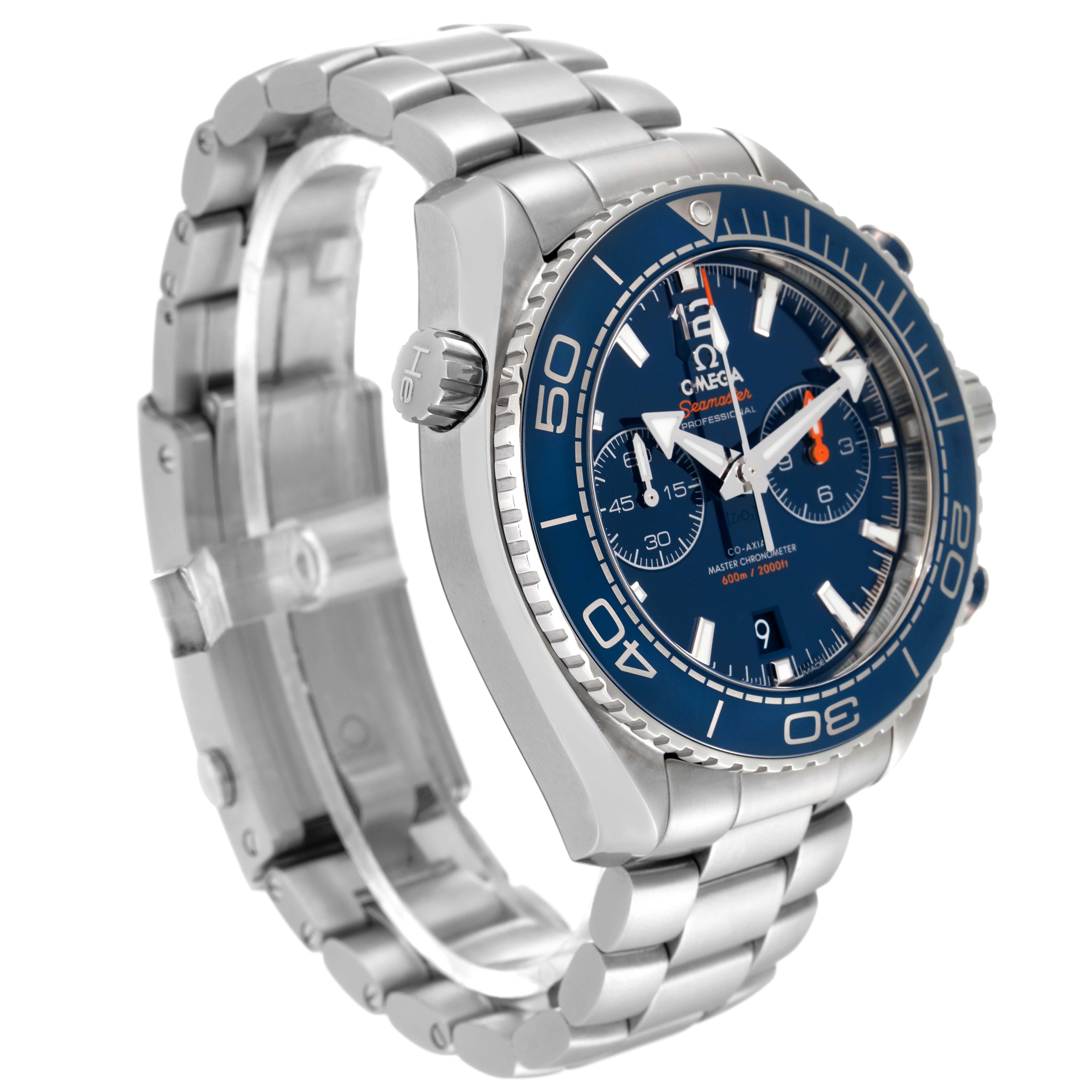 The image shows an Omega Planet Ocean 215.30.46.51.03.001 Men
s Stainless Steel Blue Dial 215.30.46.51.03.001 Men
s Stainless Steel Blue Dial watch at a three-quarter angle, highlighting the bezel, crown, dial, and metal bracelet.