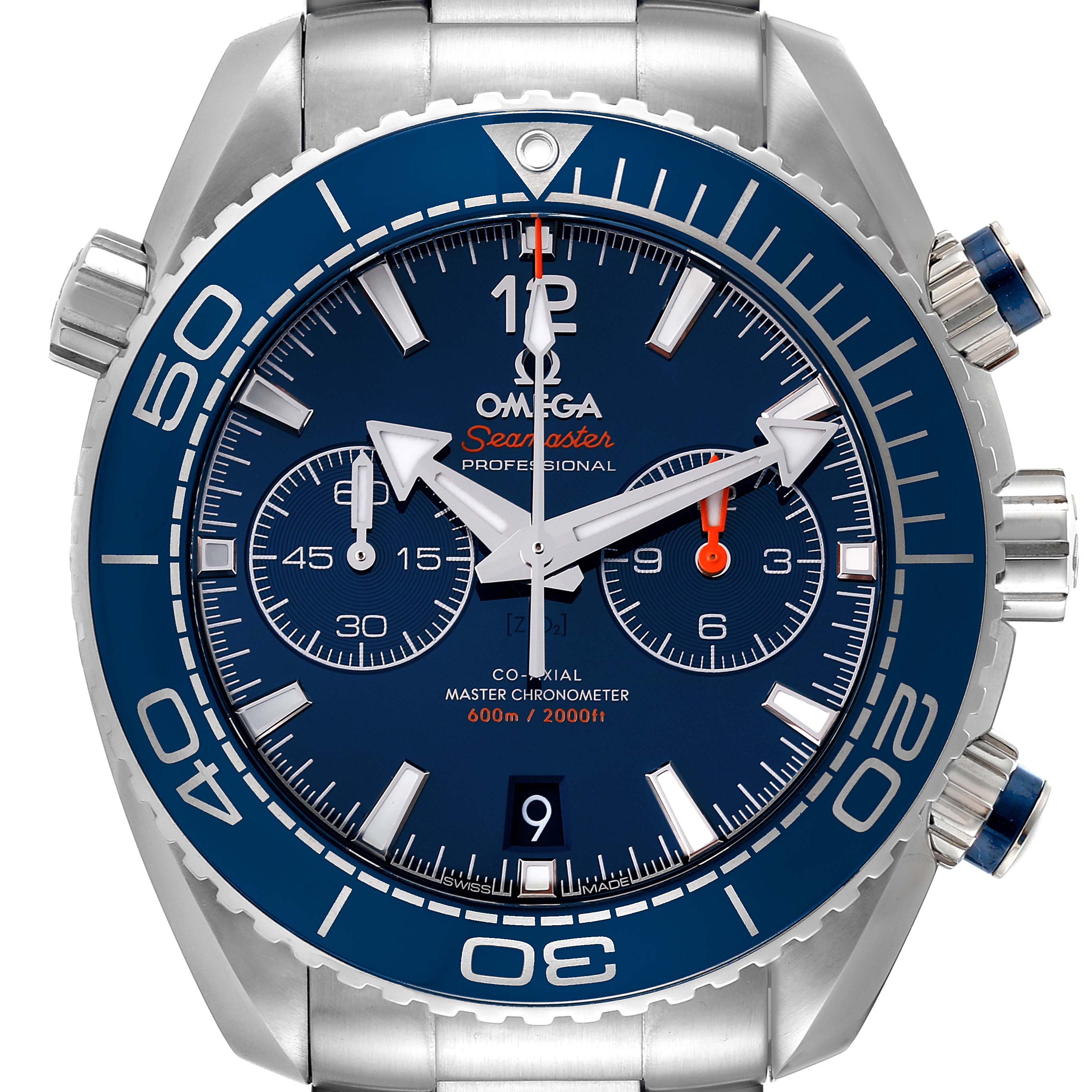 The image shows a front view of the Omega Planet Ocean 215.30.46.51.03.001 Men
s Stainless Steel Blue Dial 215.30.46.51.03.001 Men
s Stainless Steel Blue Dial Seamaster watch, highlighting its bezel, dial, and chronograph features.