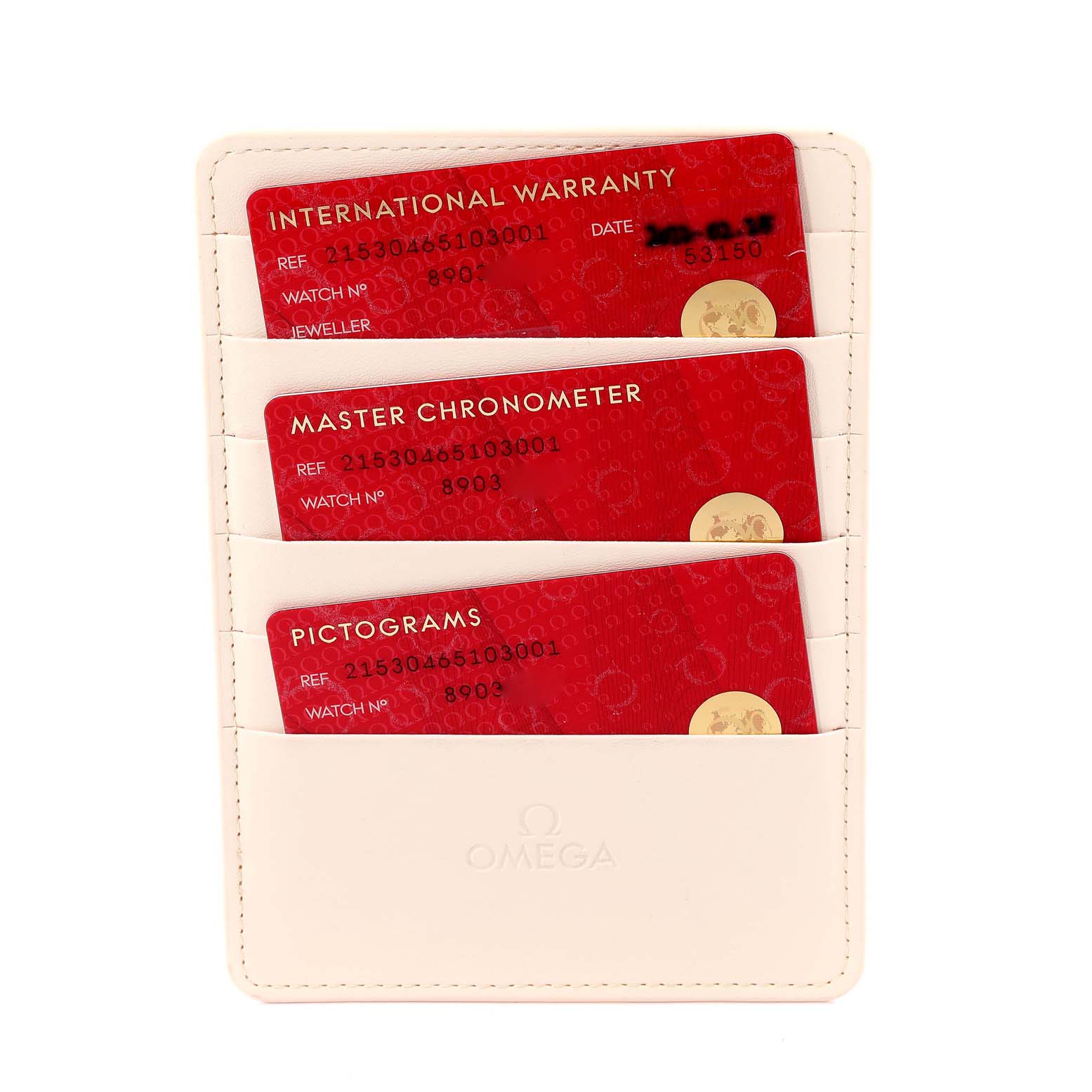 The image shows an Omega Planet Ocean 215.30.46.51.03.001 Men
s Stainless Steel Blue Dial 215.30.46.51.03.001 Men
s Stainless Steel Blue Dial watch accessory, specifically warranty and certification cards in a white cardholder.