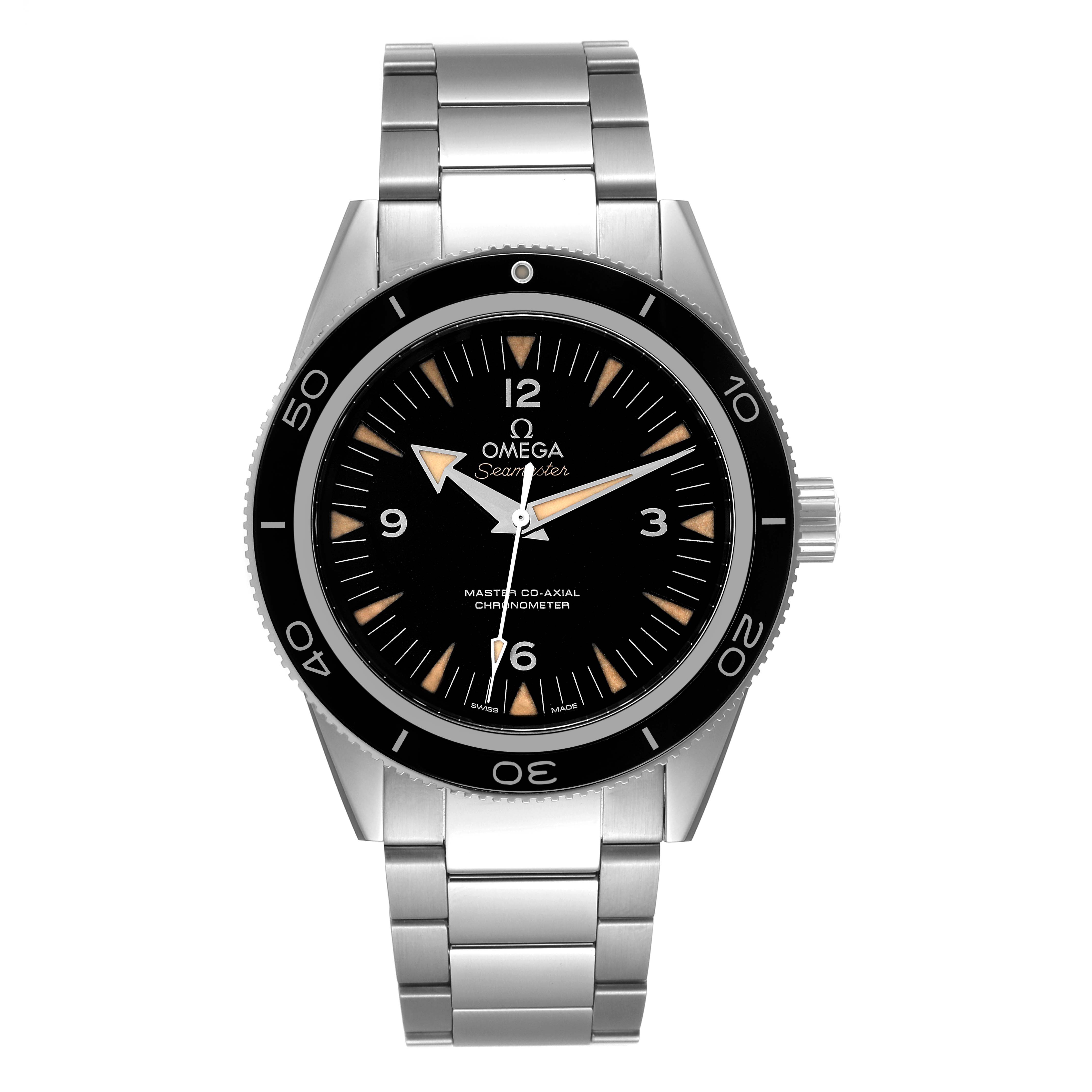 The image shows a frontal view of an Omega Seamaster 233.30.41.21.01.001 Men's Stainless Steel Black Dial 233.30.41.21.01.001 Men's Stainless Steel Black Dial watch, displaying its black dial, bezel, and stainless steel bracelet.