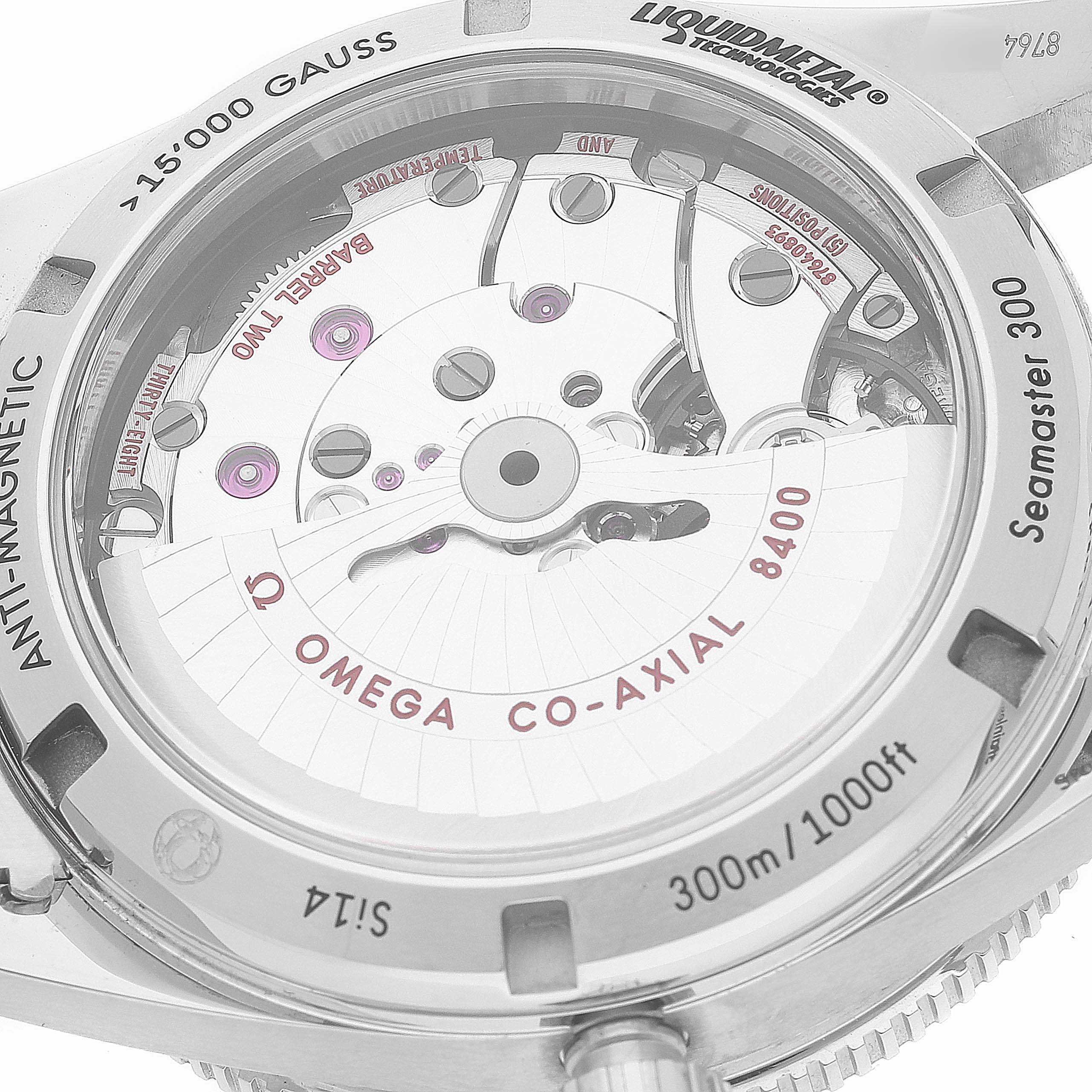 This image shows the back view of the Omega Seamaster 233.30.41.21.01.001 Men's Stainless Steel Black Dial 233.30.41.21.01.001 Men's Stainless Steel Black Dial 300 watch, highlighting its mechanical movement and transparent case back.