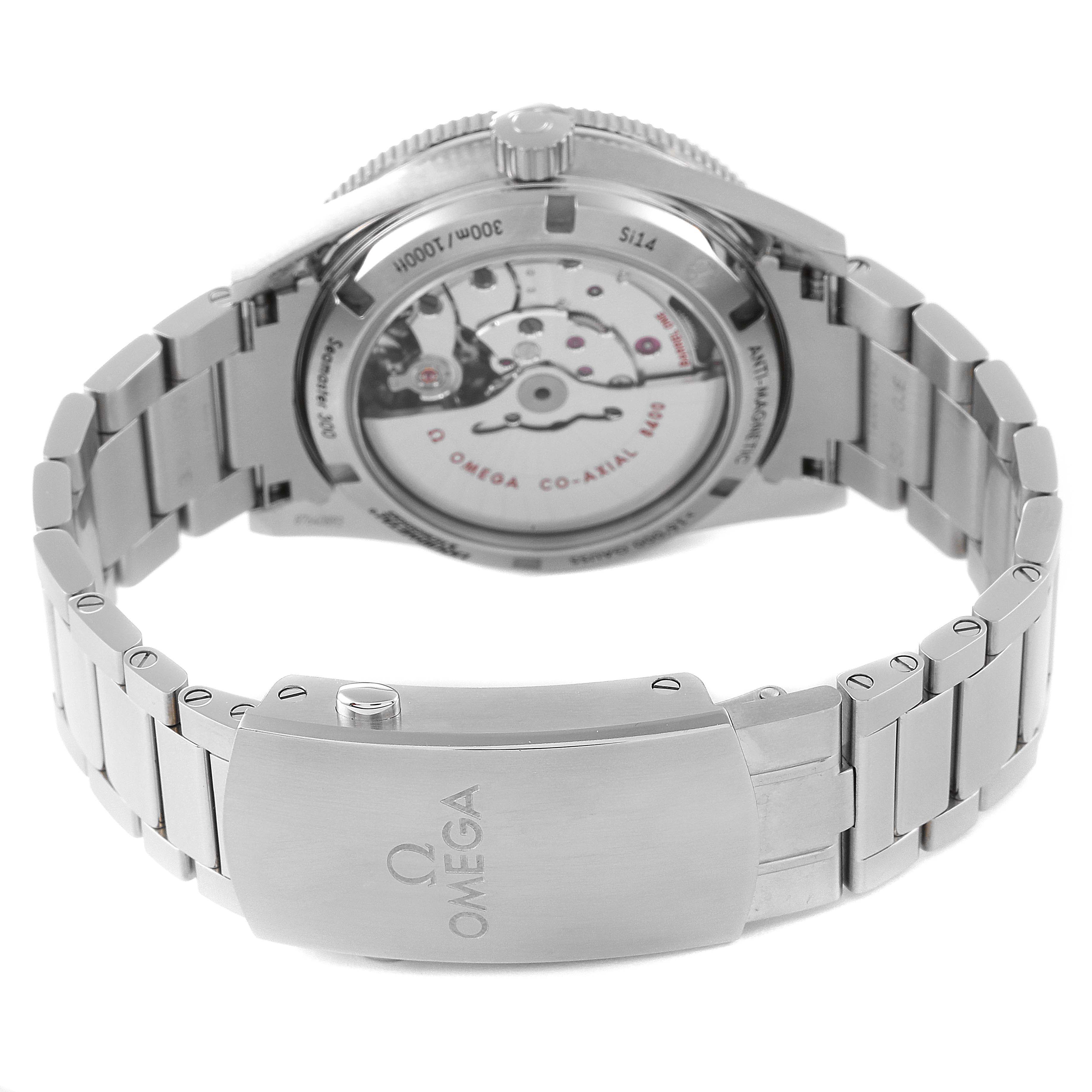 This image shows the back view of an Omega Seamaster 233.30.41.21.01.001 Men's Stainless Steel Black Dial 233.30.41.21.01.001 Men's Stainless Steel Black Dial watch, highlighting its stainless steel bracelet and the exposed movement through the transparent case back.