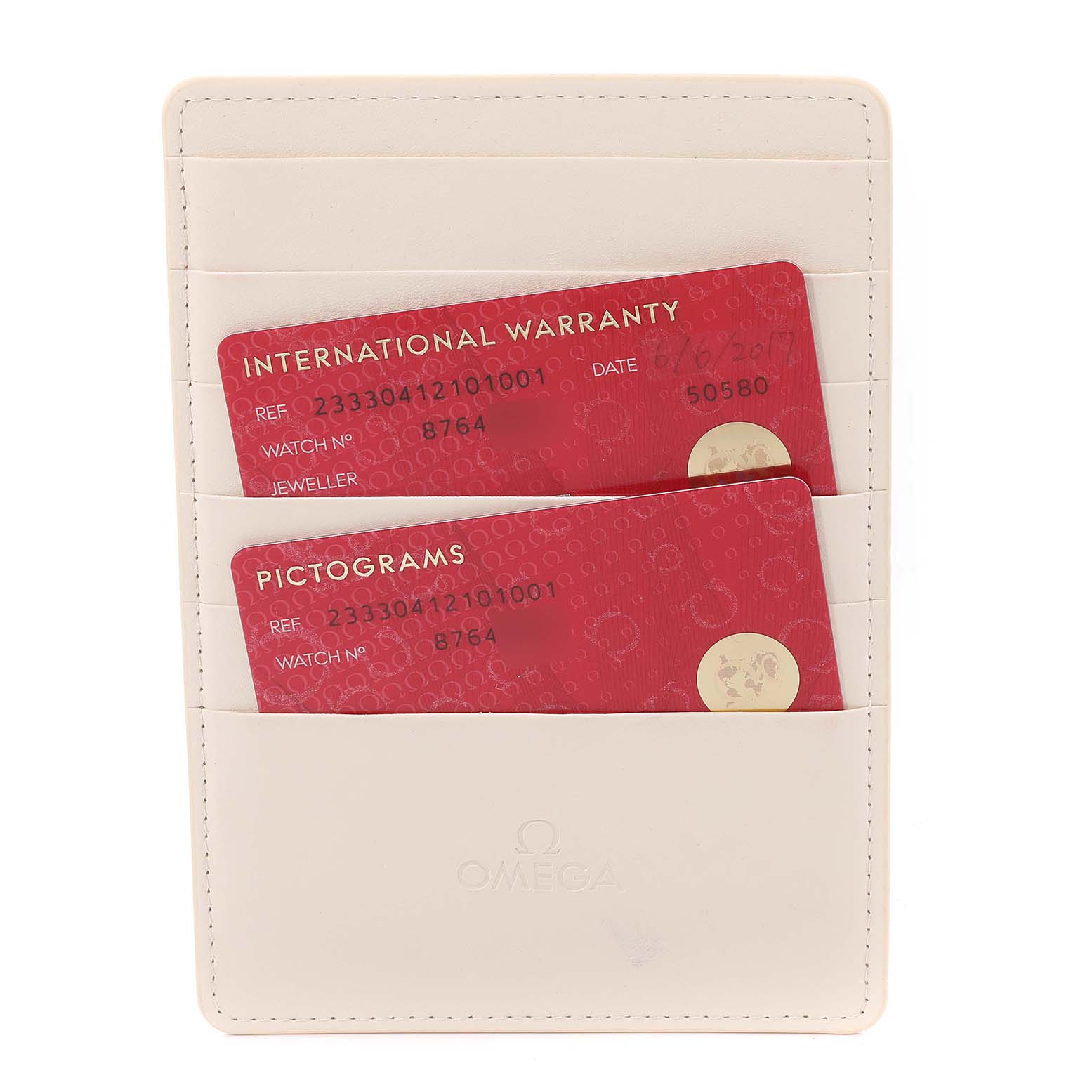 This image shows the warranty and pictogram cards for the Omega Seamaster 233.30.41.21.01.001 Men's Stainless Steel Black Dial 233.30.41.21.01.001 Men's Stainless Steel Black Dial model placed in a white cardholder.