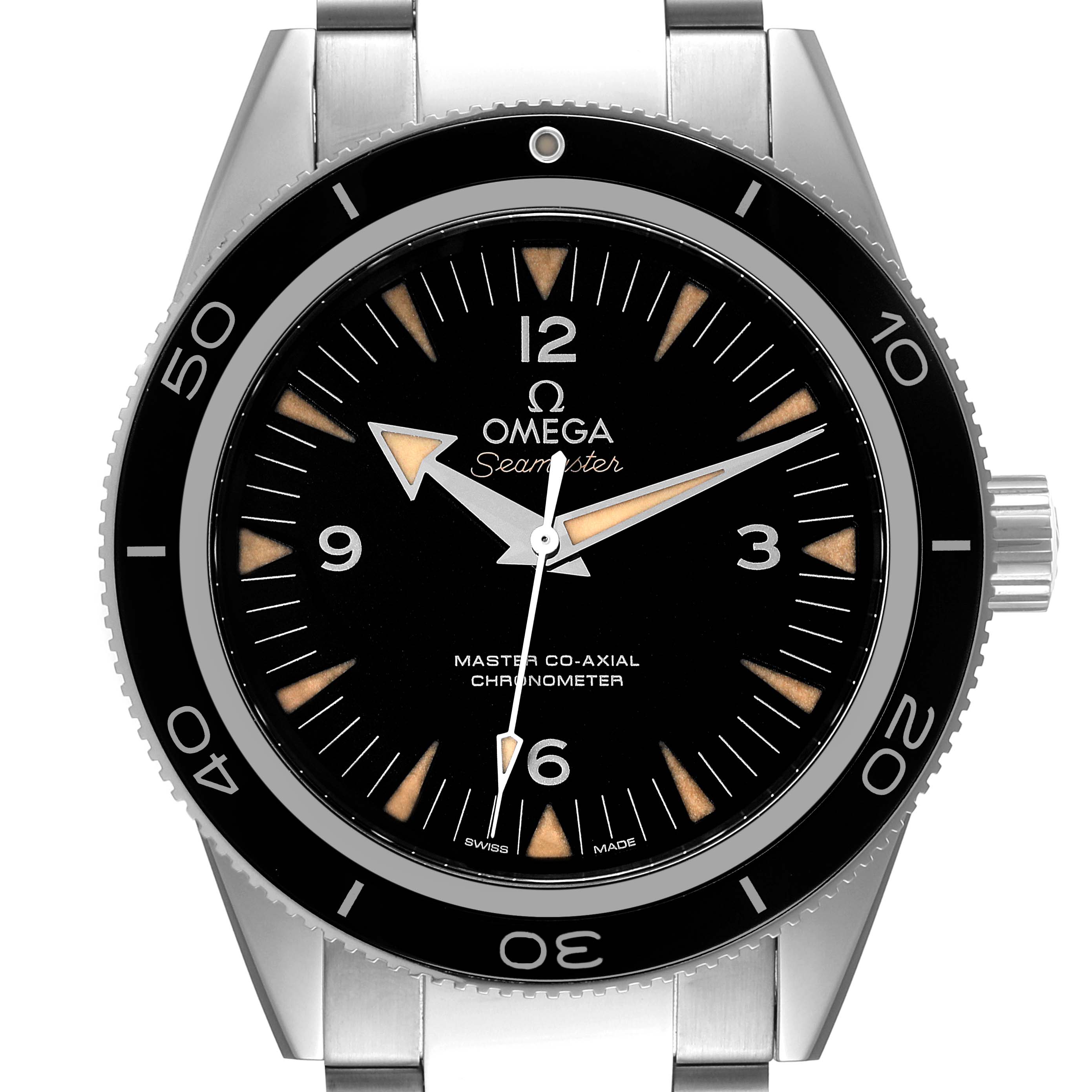 This image shows a front view of the Omega Seamaster 233.30.41.21.01.001 Men's Stainless Steel Black Dial 233.30.41.21.01.001 Men's Stainless Steel Black Dial watch, highlighting its face, bezel, and a portion of the bracelet.