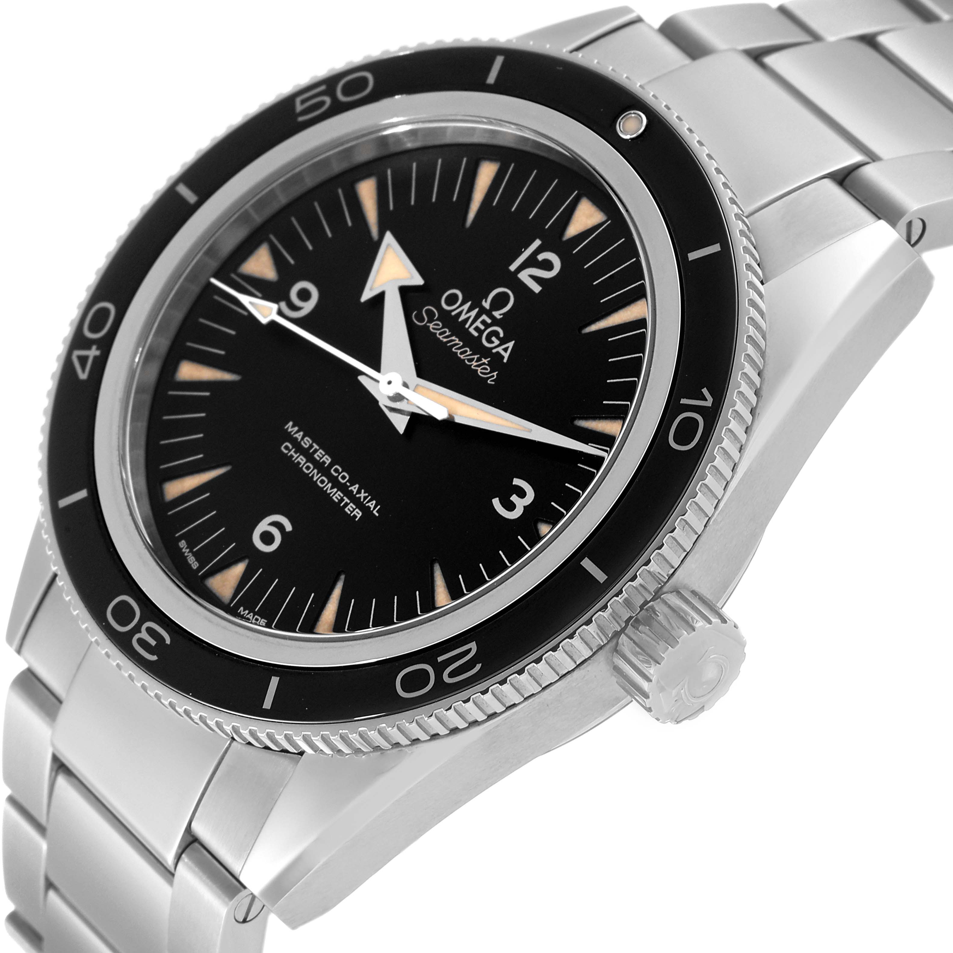 The image shows a close-up angle of the Omega Seamaster 233.30.41.21.01.001 Men's Stainless Steel Black Dial 233.30.41.21.01.001 Men's Stainless Steel Black Dial watch displaying the face, bezel, and part of the bracelet.