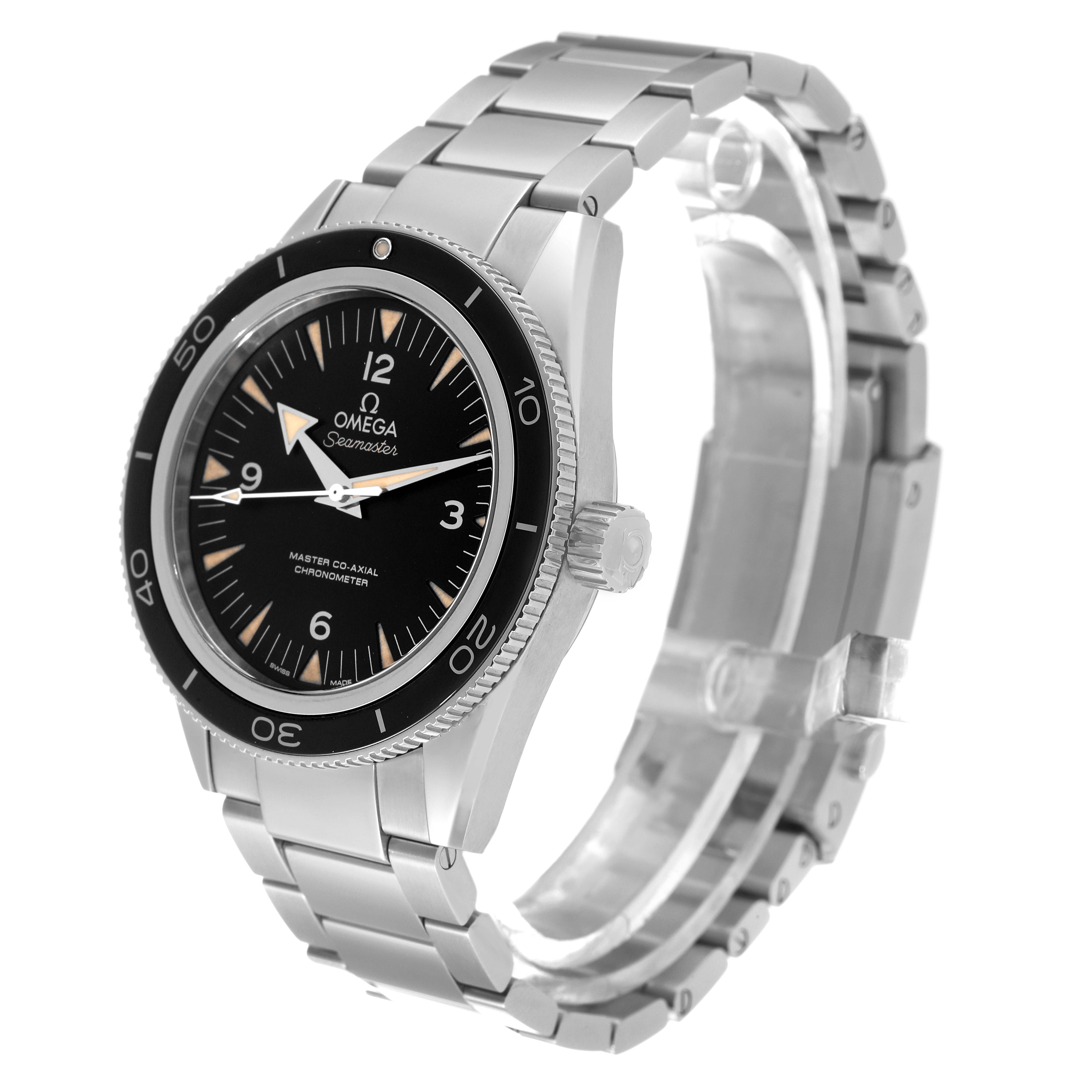 The Omega Seamaster 233.30.41.21.01.001 Men's Stainless Steel Black Dial 233.30.41.21.01.001 Men's Stainless Steel Black Dial watch is shown from a 3/4 angle, displaying the face, bezel, crown, and metal bracelet.