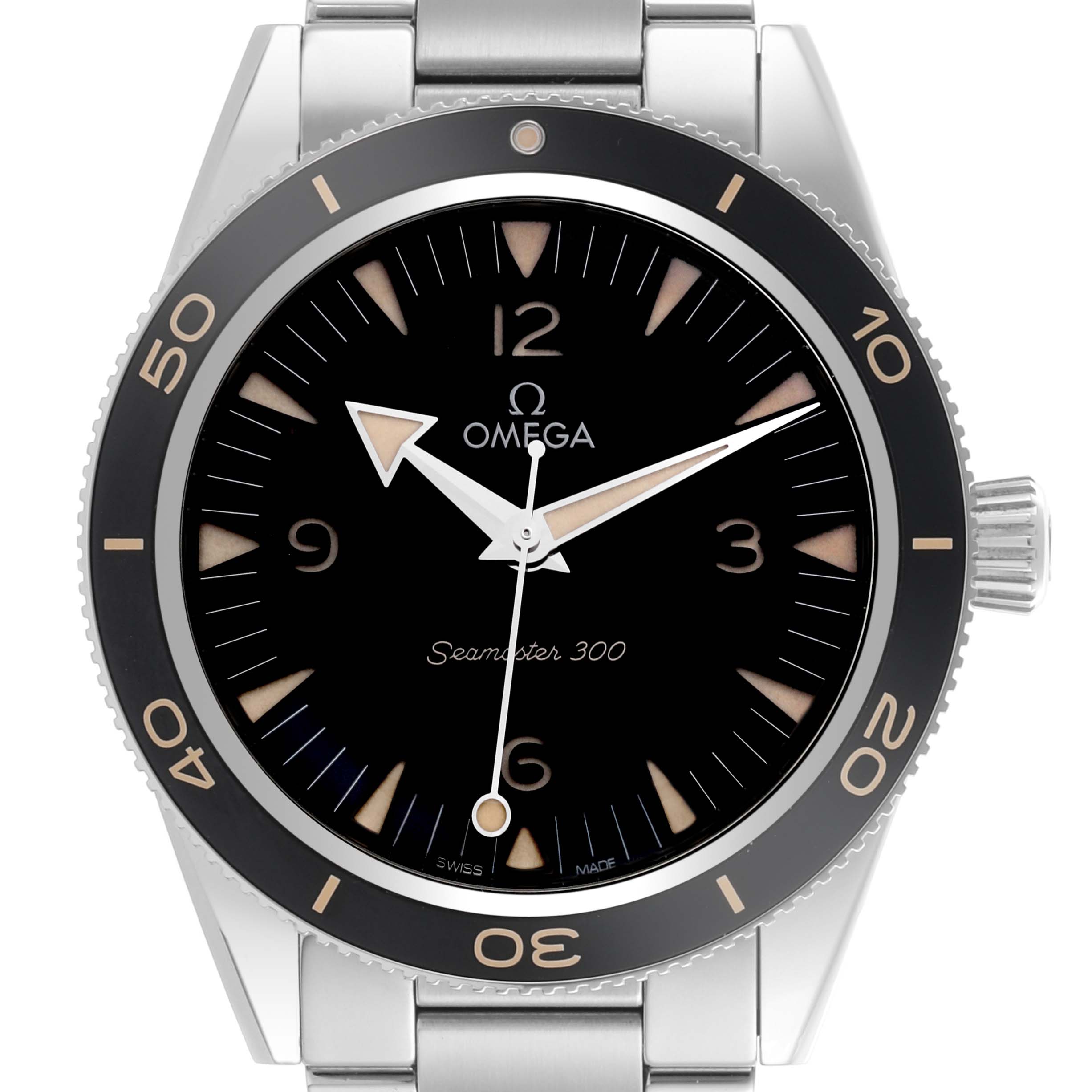 The Omega Seamaster 234.30.41.21.01.001 Men
s Stainless Steel Black Dial 234.30.41.21.01.001 Men
s Stainless Steel Black Dial 300 is shown from a front angle, displaying the bezel, dial, and part of the bracelet.