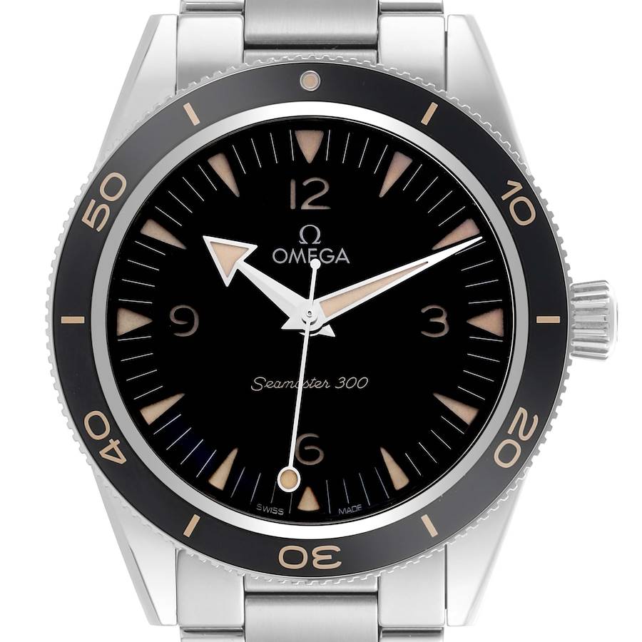 The Omega Seamaster 300 is shown from a front angle, displaying the bezel, dial, and part of the bracelet.