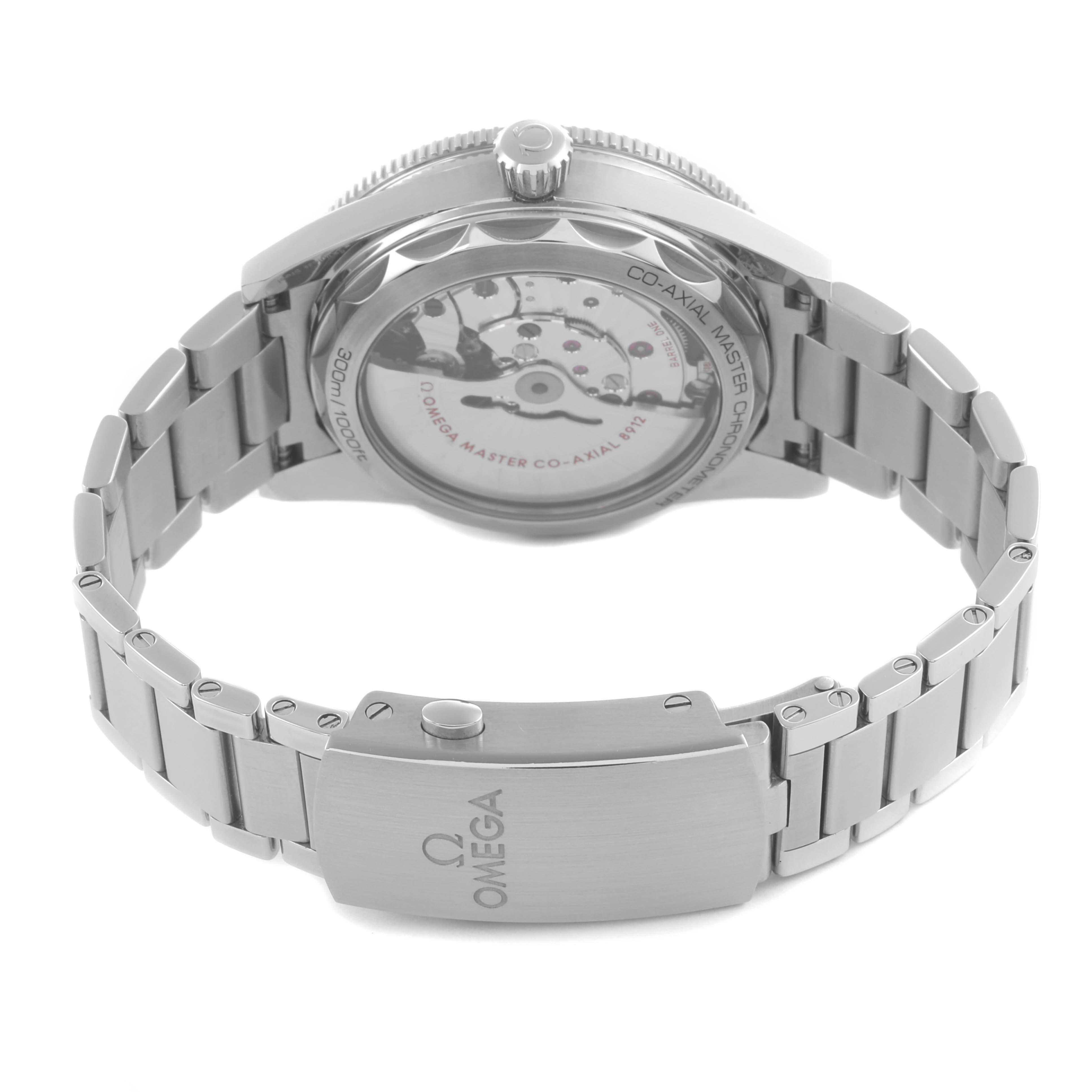 The image shows the back view of an Omega Seamaster 234.30.41.21.01.001 Men
s Stainless Steel Black Dial 234.30.41.21.01.001 Men
s Stainless Steel Black Dial watch, featuring the case back and stainless steel bracelet clasp.