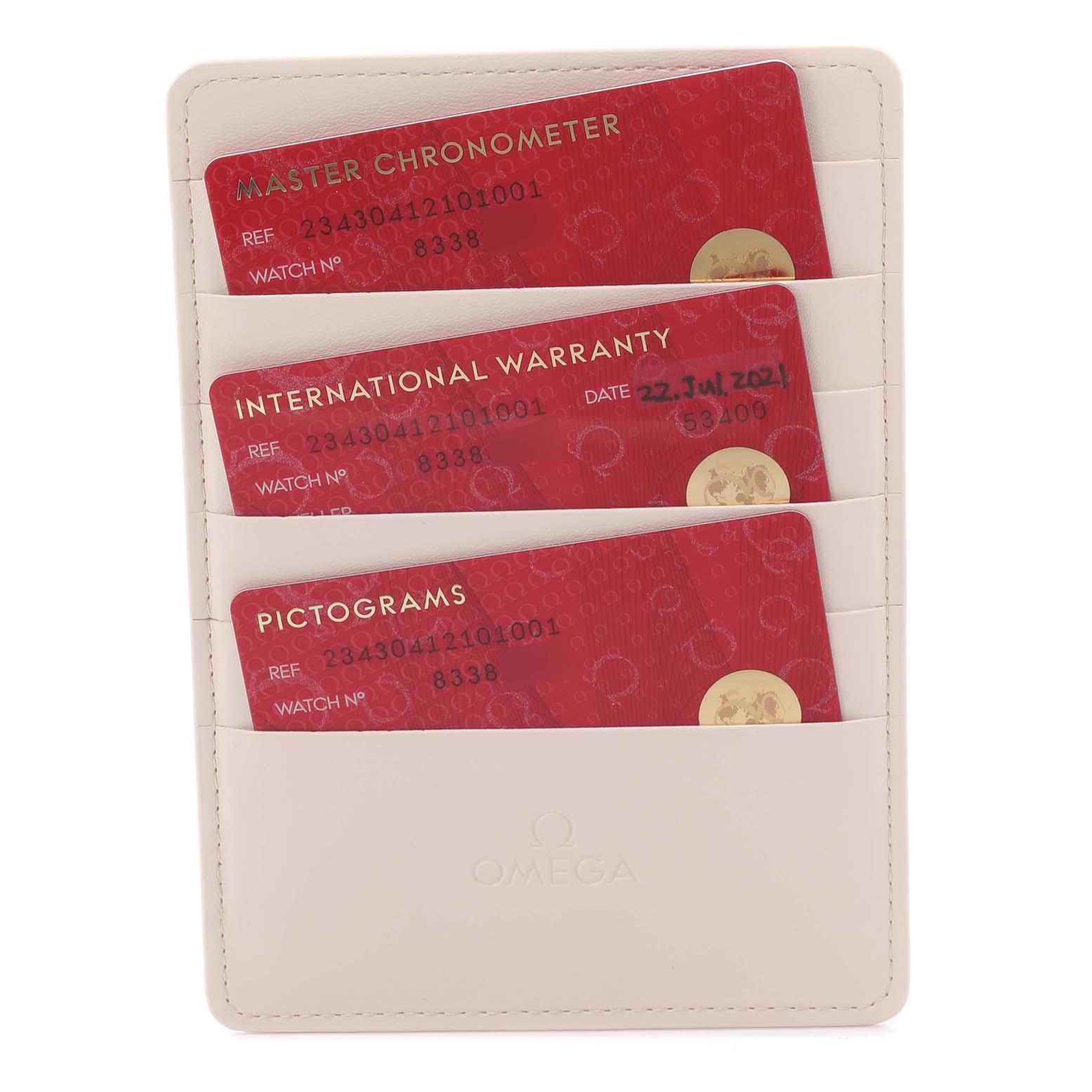 The image shows Omega Seamaster 234.30.41.21.01.001 Men
s Stainless Steel Black Dial 234.30.41.21.01.001 Men
s Stainless Steel Black Dial cards: Master Chronometer, International Warranty, and Pictograms in a white holder.