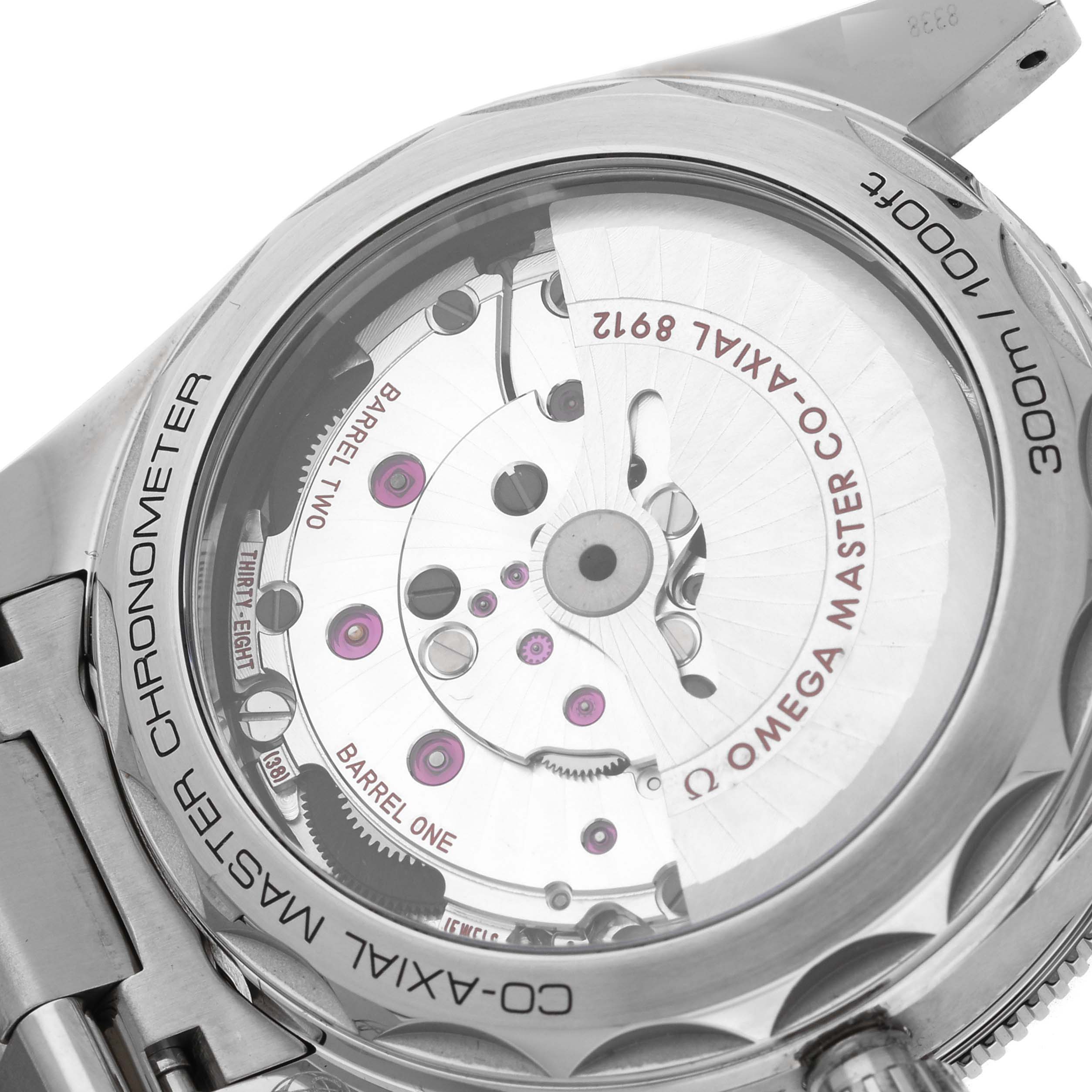 The image shows the back view of the Omega Seamaster 234.30.41.21.01.001 Men
s Stainless Steel Black Dial 234.30.41.21.01.001 Men
s Stainless Steel Black Dial, highlighting the movement and "Co-Axial Master Chronometer" text.