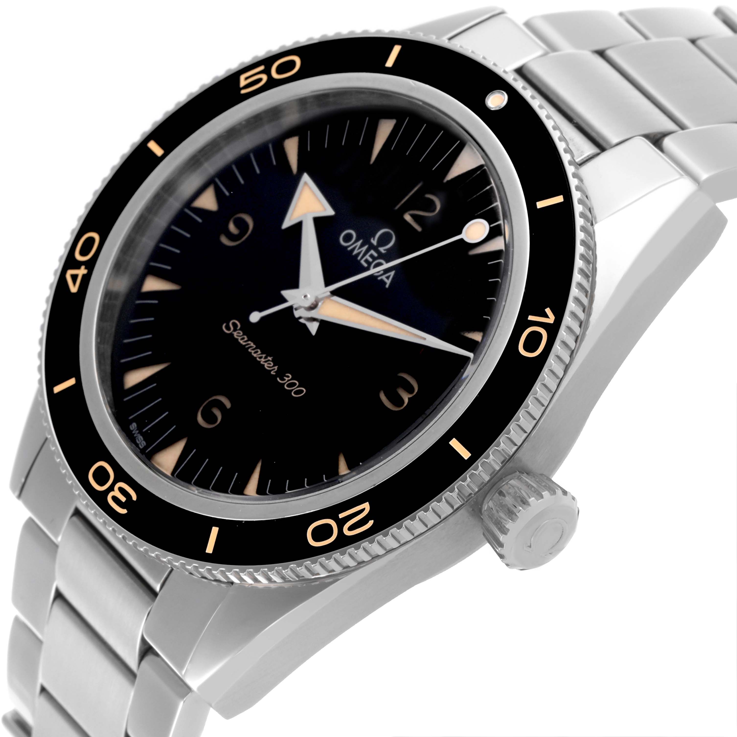 The Omega Seamaster 234.30.41.21.01.001 Men
s Stainless Steel Black Dial 234.30.41.21.01.001 Men
s Stainless Steel Black Dial watch is shown at a slight side angle, highlighting the bezel, dial, and bracelet.