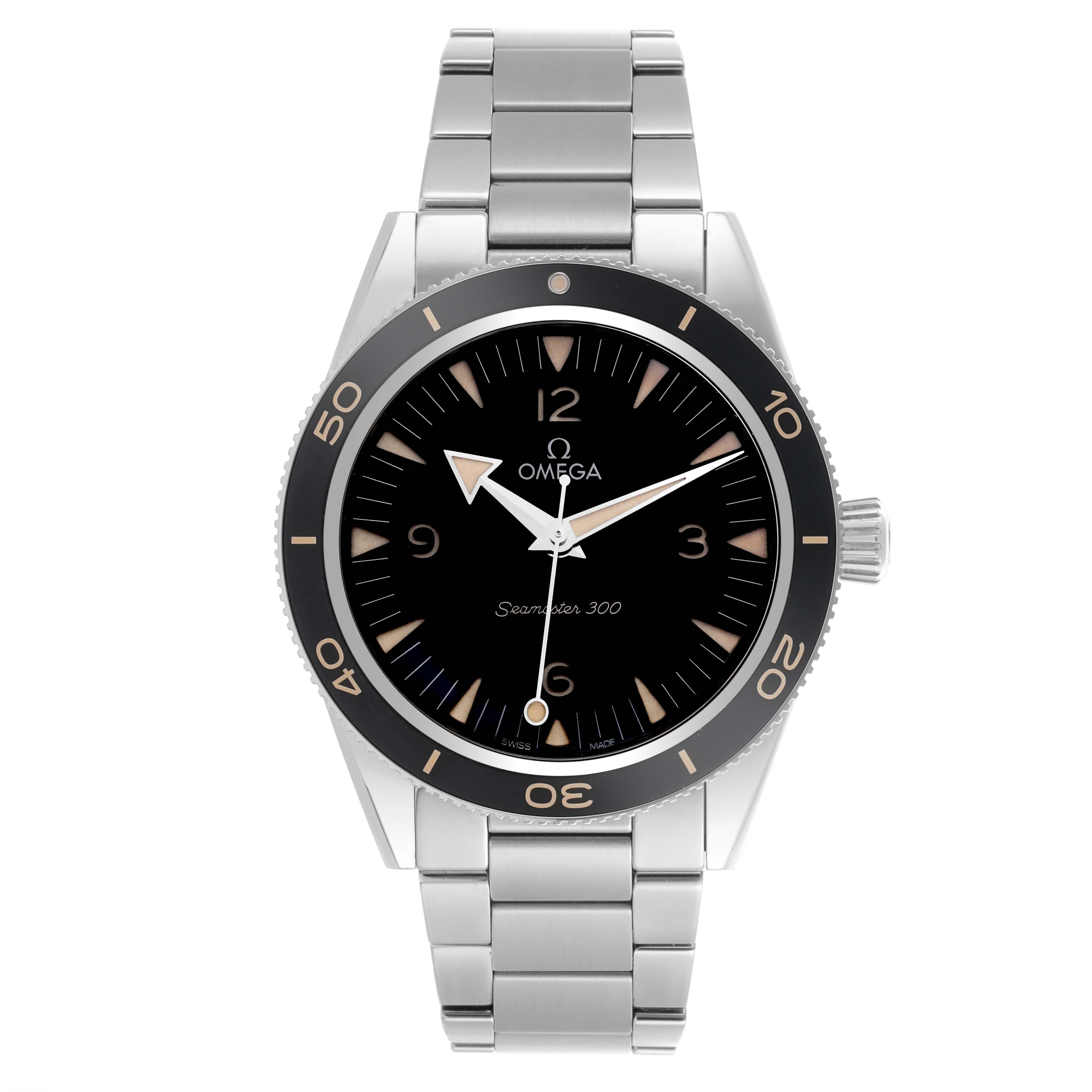 The Omega Seamaster 234.30.41.21.01.001 Men
s Stainless Steel Black Dial 234.30.41.21.01.001 Men
s Stainless Steel Black Dial watch is shown from a front angle, displaying the dial, bezel, and stainless steel bracelet.