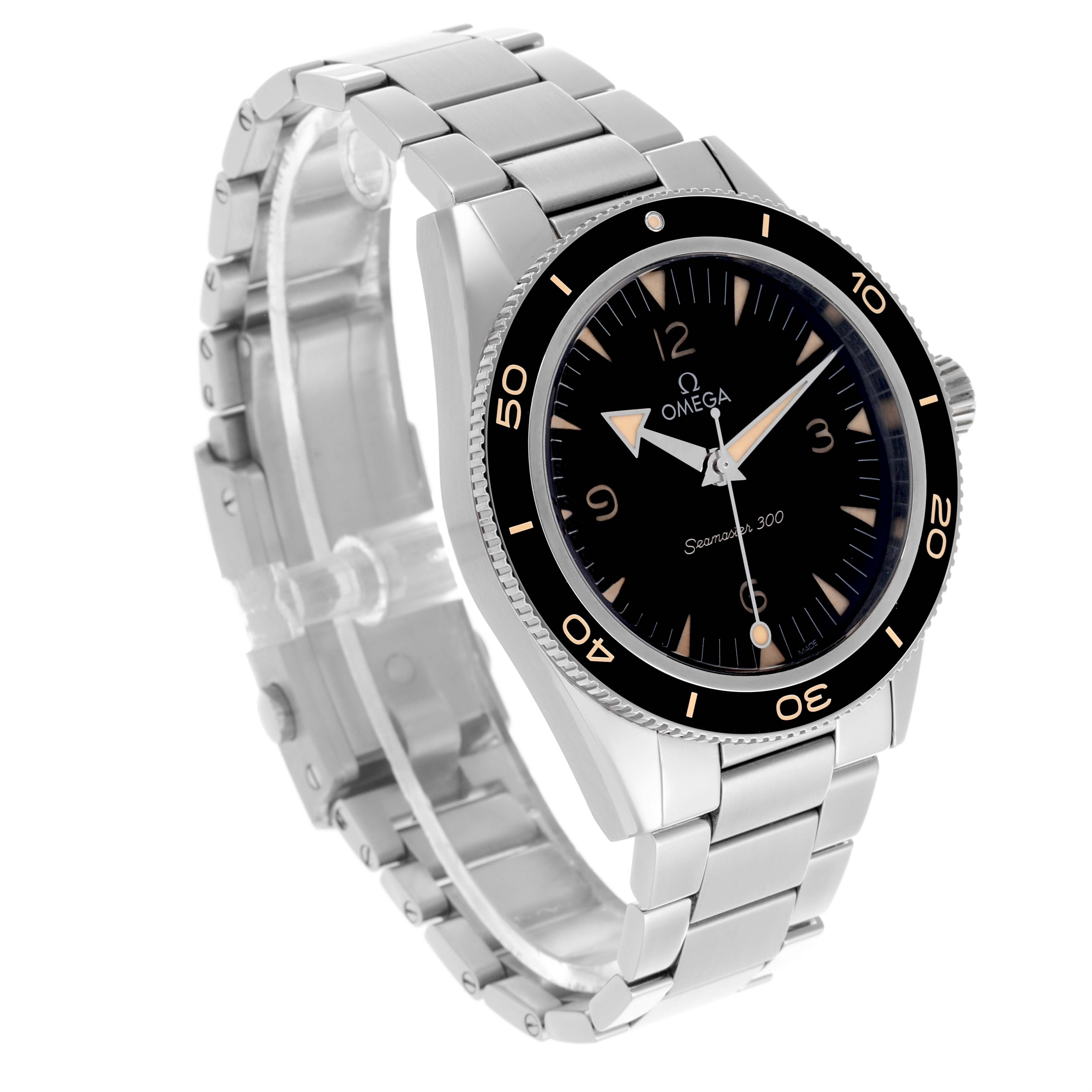 The Omega Seamaster 234.30.41.21.01.001 Men
s Stainless Steel Black Dial 234.30.41.21.01.001 Men
s Stainless Steel Black Dial watch is shown at a three-quarter angle, highlighting its face, bezel, and metal bracelet.