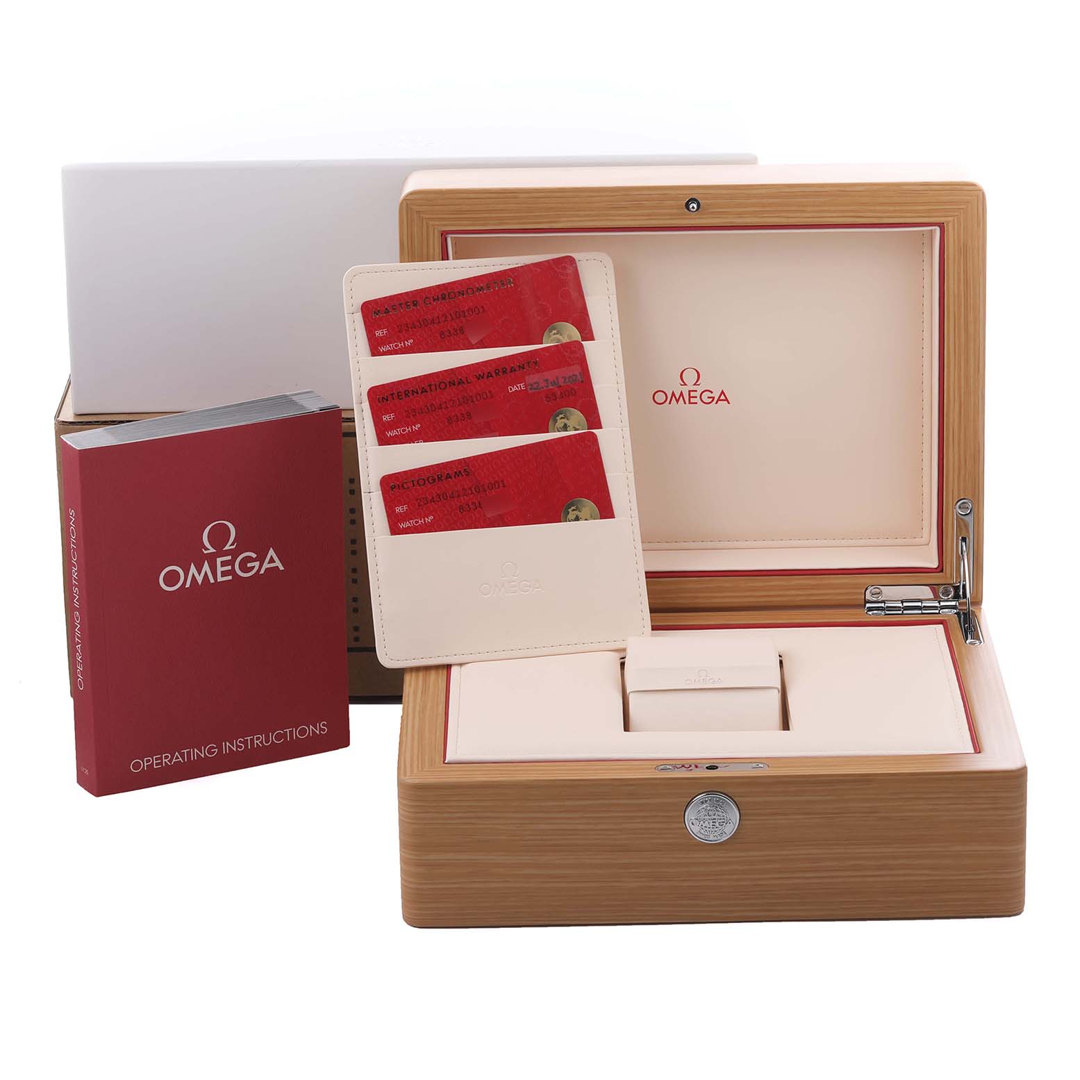 The image shows a presentation box for the Omega Seamaster 234.30.41.21.01.001 Men
s Stainless Steel Black Dial 234.30.41.21.01.001 Men
s Stainless Steel Black Dial, along with warranty cards and an operating instructions booklet.