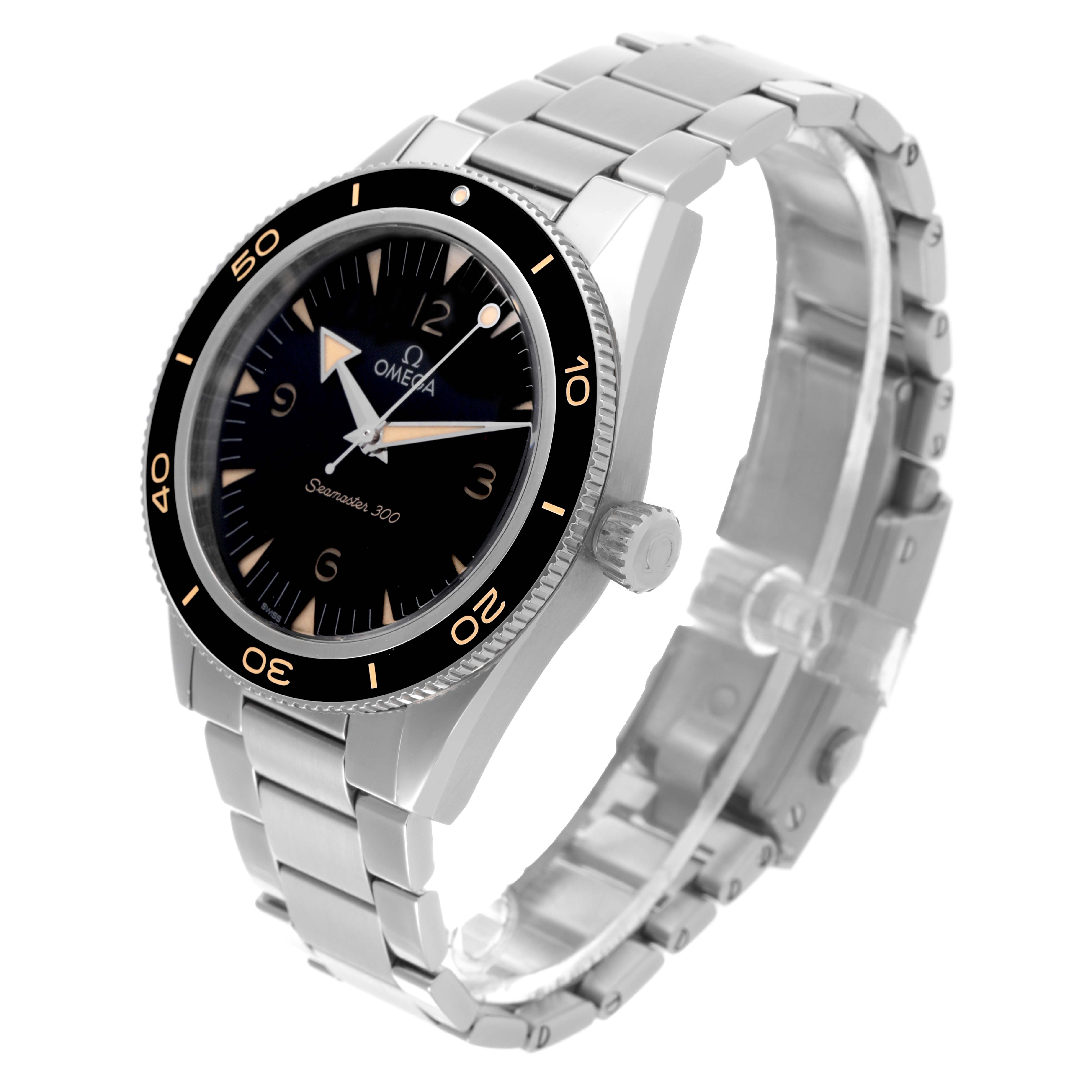 The Omega Seamaster 234.30.41.21.01.001 Men
s Stainless Steel Black Dial 234.30.41.21.01.001 Men
s Stainless Steel Black Dial watch is shown at a three-quarter angle, highlighting the face, bezel, crown, and bracelet.