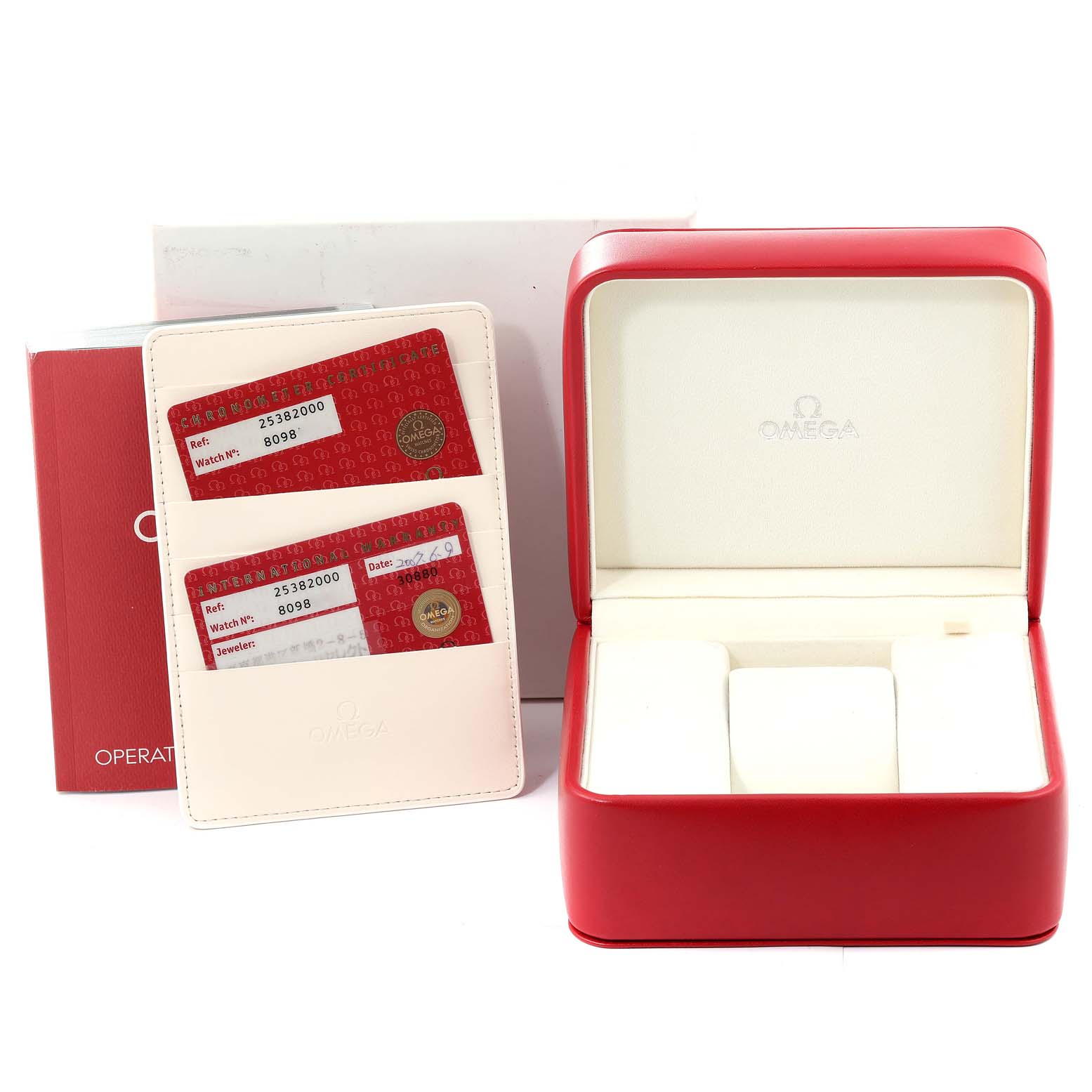 The image shows an Omega Seamaster 2538.20.00 Men's Stainless Steel White Dial 2538.20.00 Men's Stainless Steel White Dial watch box, operation manual, warranty cards, and cardholder.